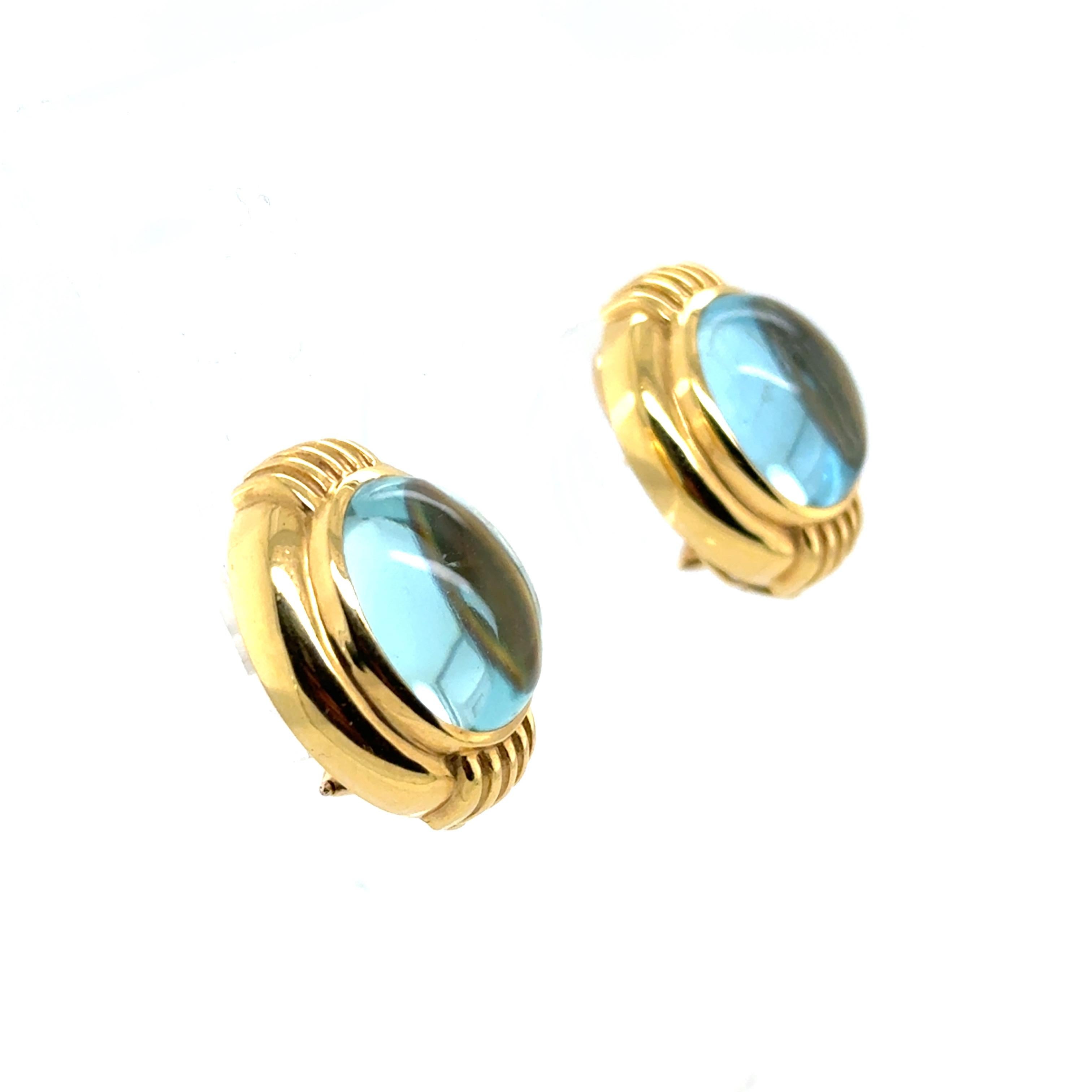 Retro Gold Natural Blue Topaz Cabochon Clip Earrings by Gump’s in vendita 2