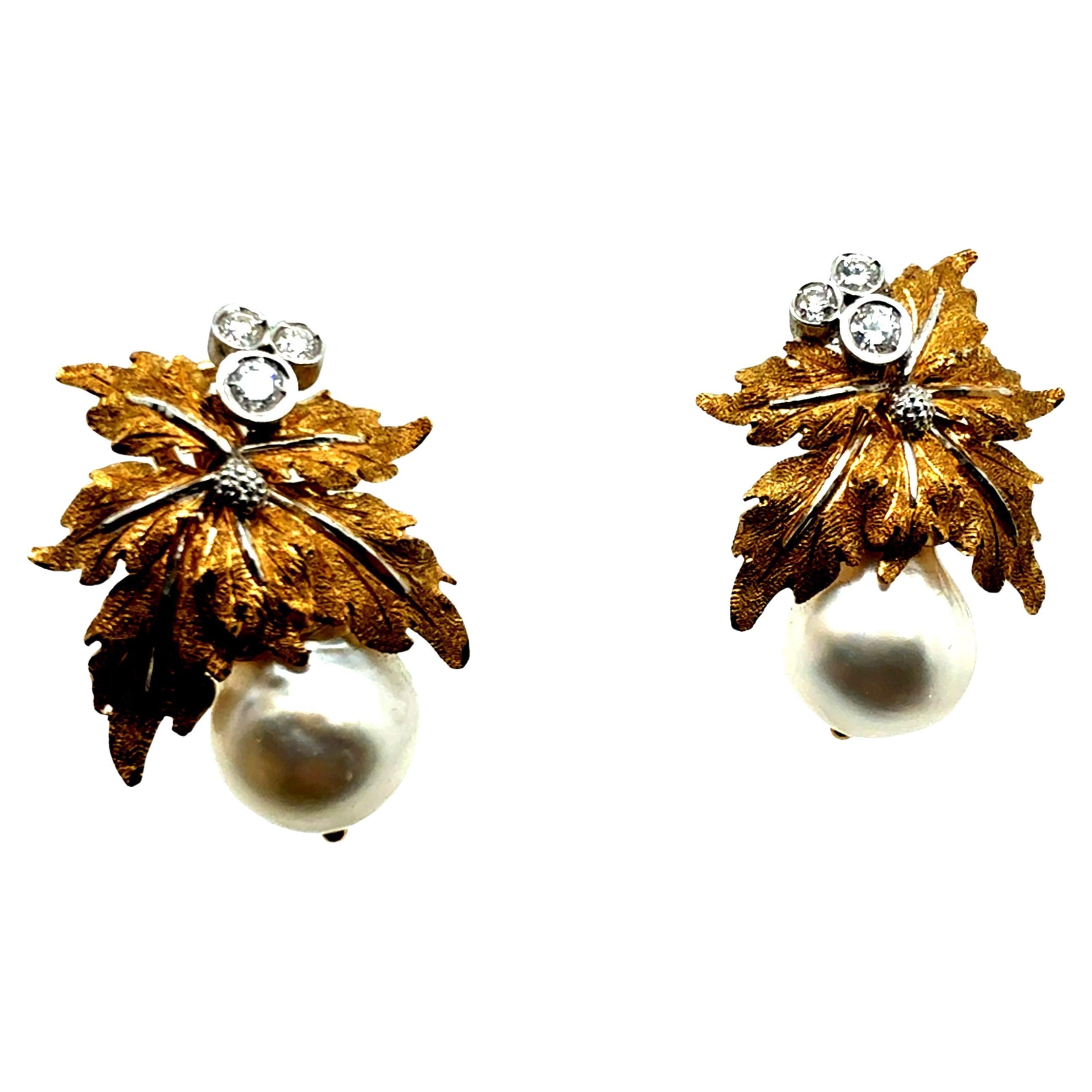 Retro Gold Natural Diamond and 11mm Pearl Leaf Earrings, Circa 1970