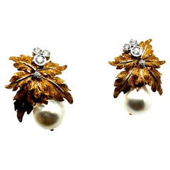 Retro-Gold-Ohrringe mit Naturdiamanten und 11 mm großen Perlenblättern, CIRCA 1970