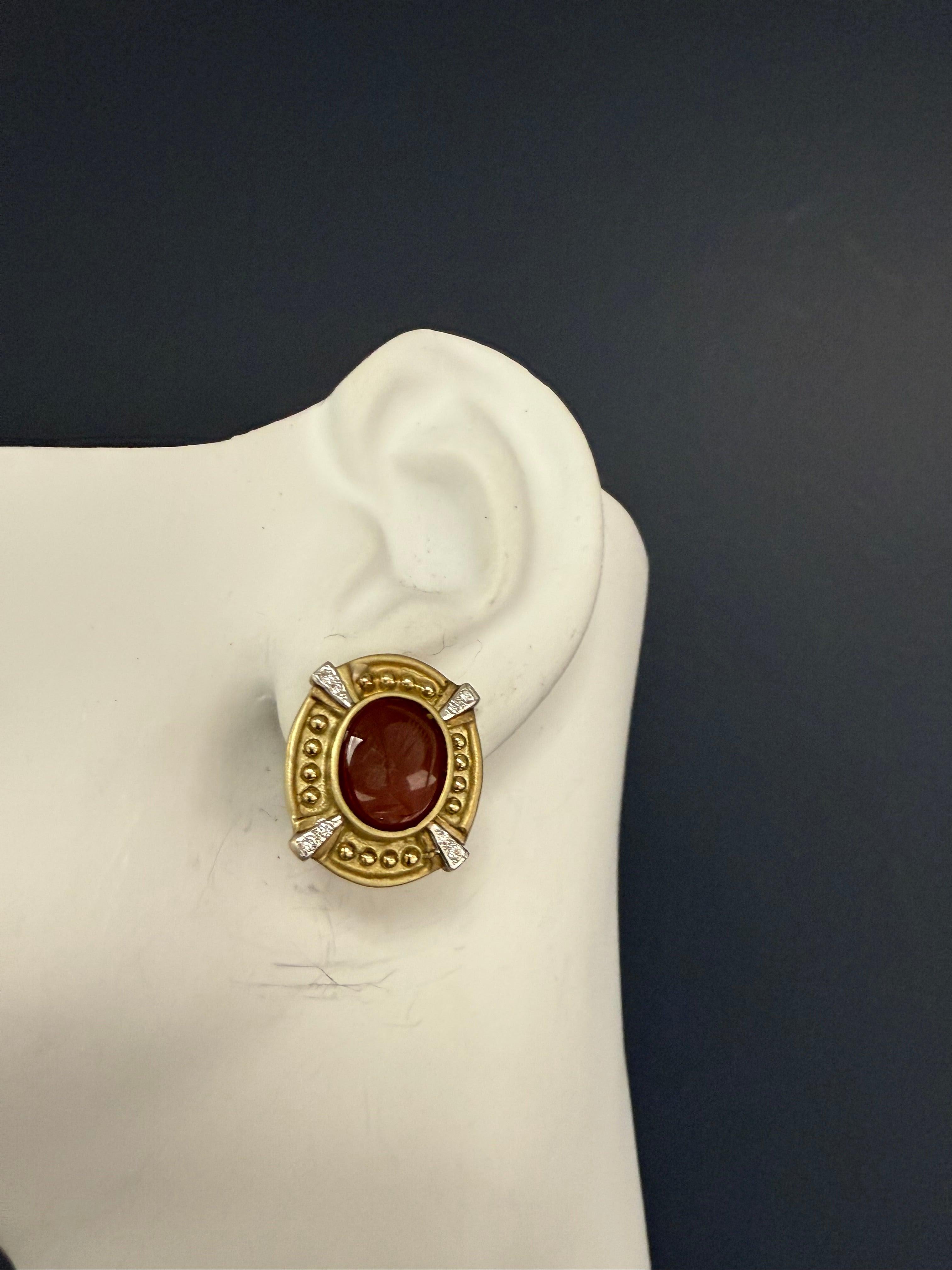 Round Cut Retro Gold Natural Diamond and Roman Carnelian Intaglio Statement Earrings For Sale