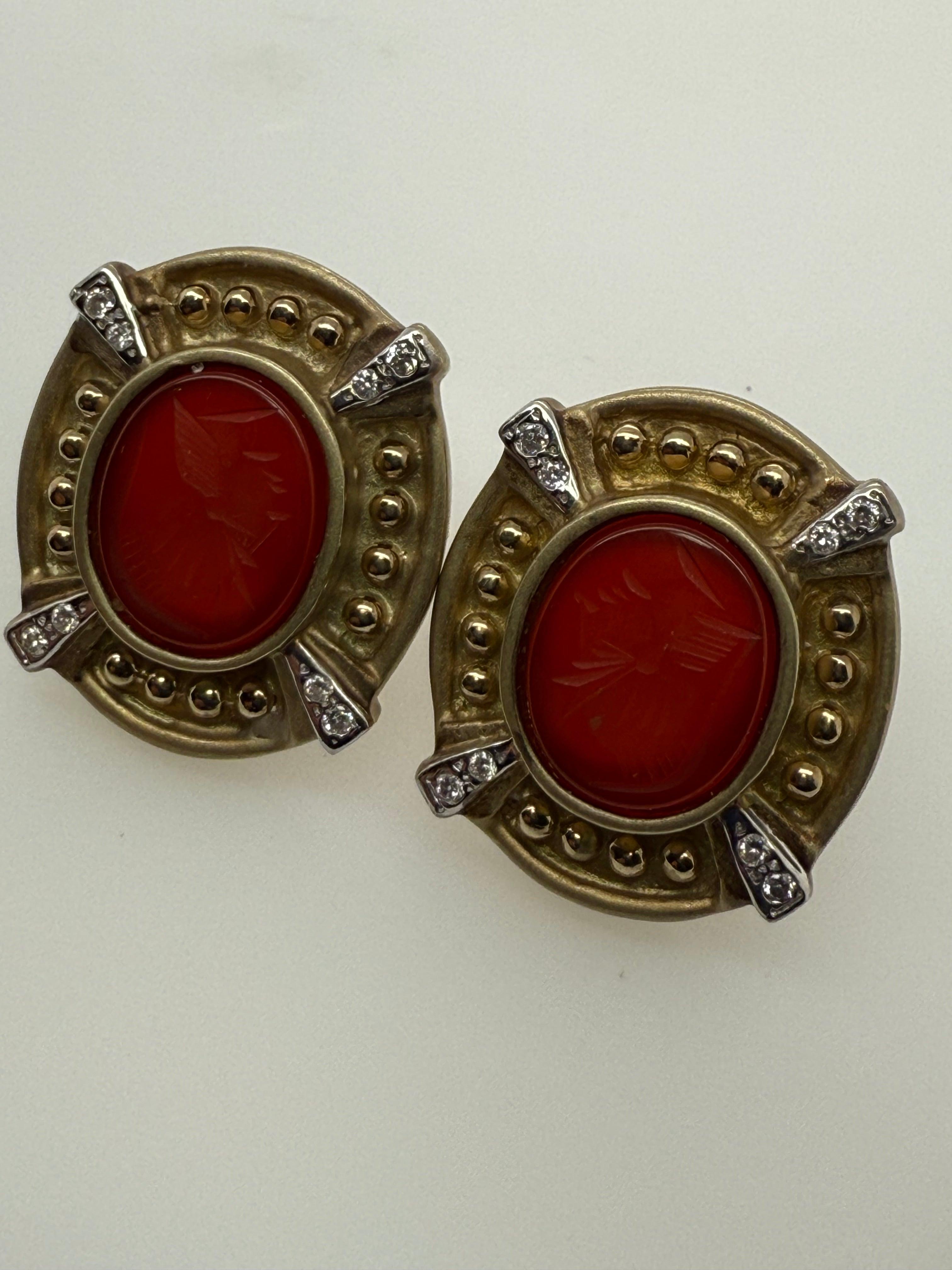 Women's Retro Gold Natural Diamond and Roman Carnelian Intaglio Statement Earrings For Sale