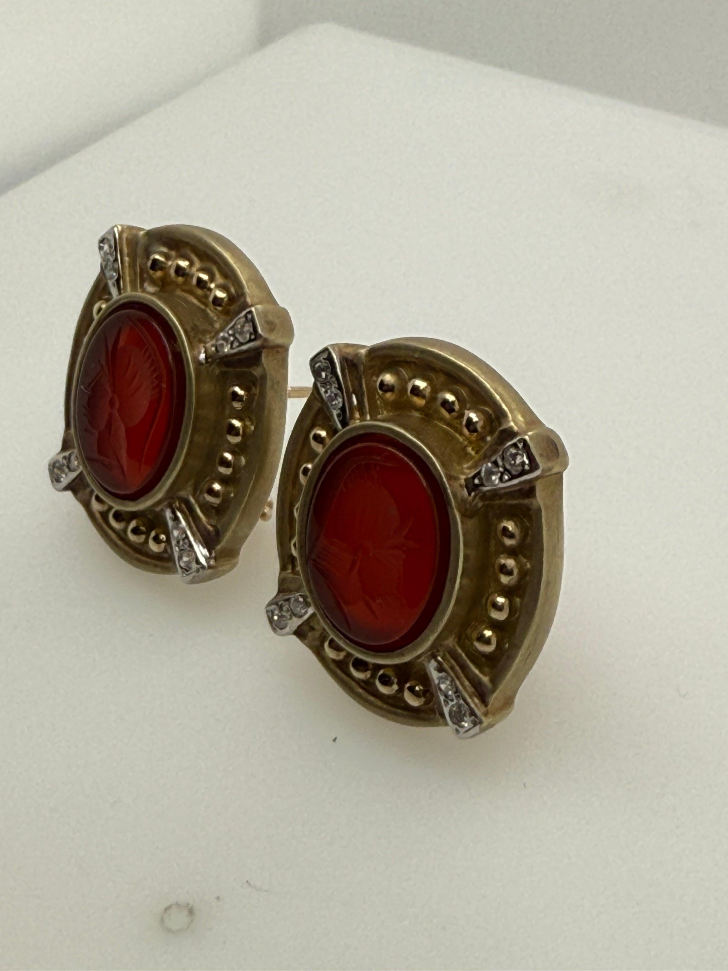 Retro Gold Natural Diamond and Roman Carnelian Intaglio Statement Earrings For Sale 1