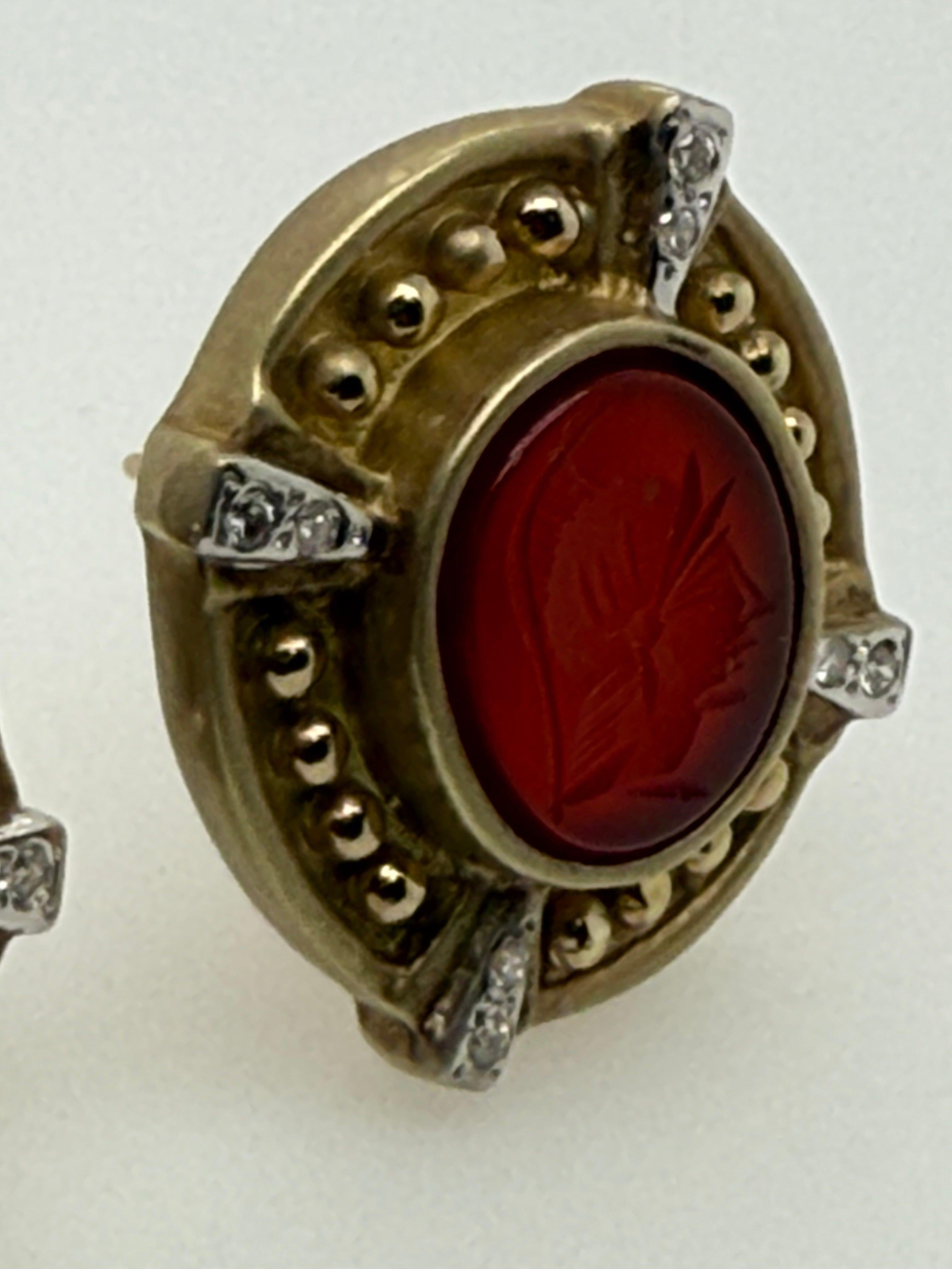Retro Gold Natural Diamond and Roman Carnelian Intaglio Statement Earrings For Sale 2