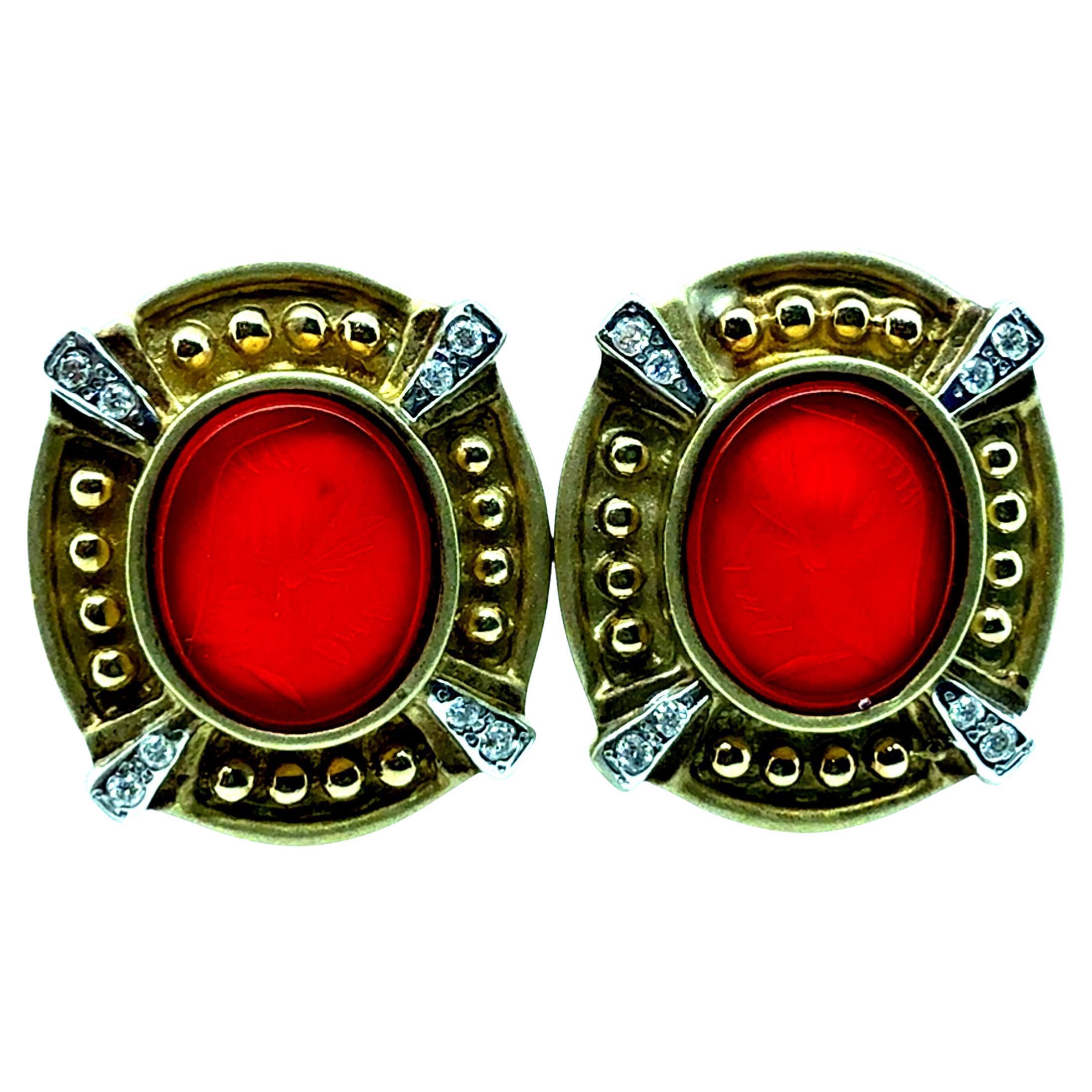 Retro Gold Natural Diamond and Roman Carnelian Intaglio Statement Earrings For Sale