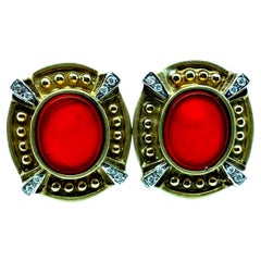 Retro Gold Natural Diamond and Roman Carnelian Intaglio Statement Earrings