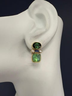 Retro Gold Natural Diamond and Tourmaline Statement Earrings, Circa 1970