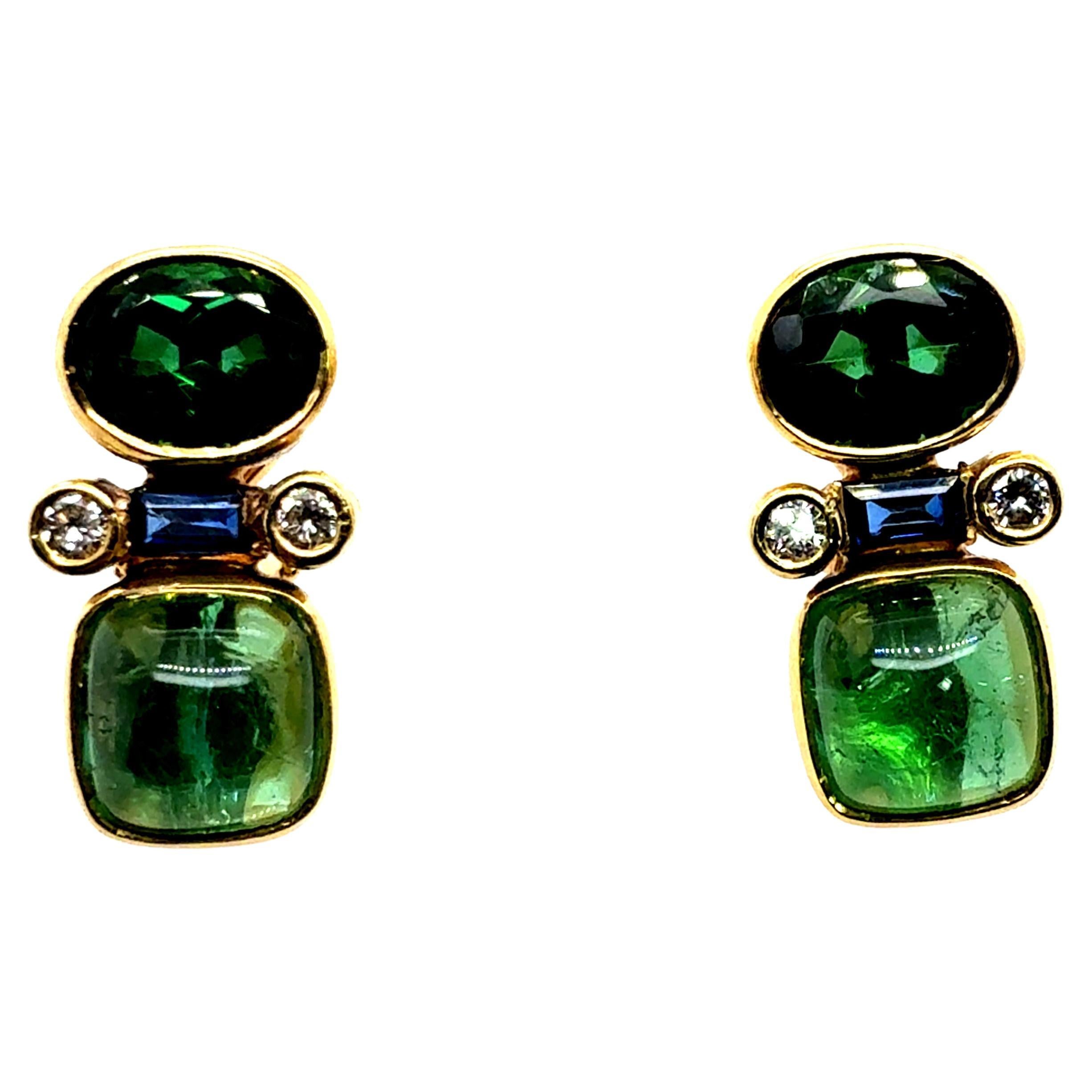 Orecchini a lobo in oro retrò con diamanti naturali e tormalina, CIRCA 1970 in vendita