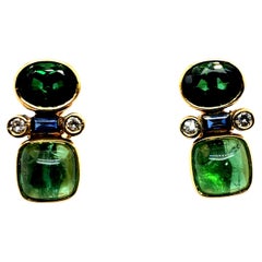 Retro-Gold-Ohrringe mit natürlichen Diamanten und Turmalinen, CIRCA 1970