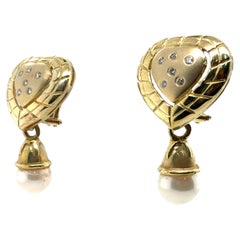 Retro Gold Natural Diamond & Pearl Heart Drop Statement Earrings Circa 1990