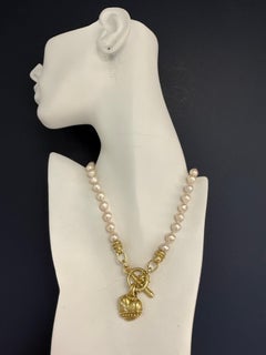 Retro Gold Natural Diamond & Pearl Statement Necklace Heart Toggle Clasp 1980