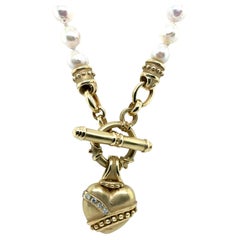 Retro Gold Natural Diamond & Pearl Statement Necklace Heart Toggle Clasp 1980