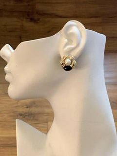Retro Gold Natural Marquise Diamond, Onyx & Pearl Clip Earrings Circa 1980