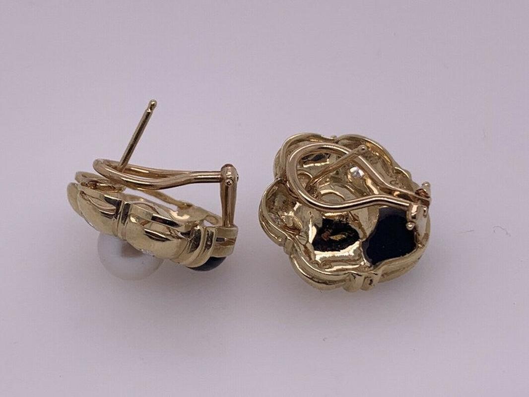 Retro Gold Natürliche Marquise Diamant, Onyx & Perle Clip-Ohrringe CIRCA 1980 Damen im Angebot