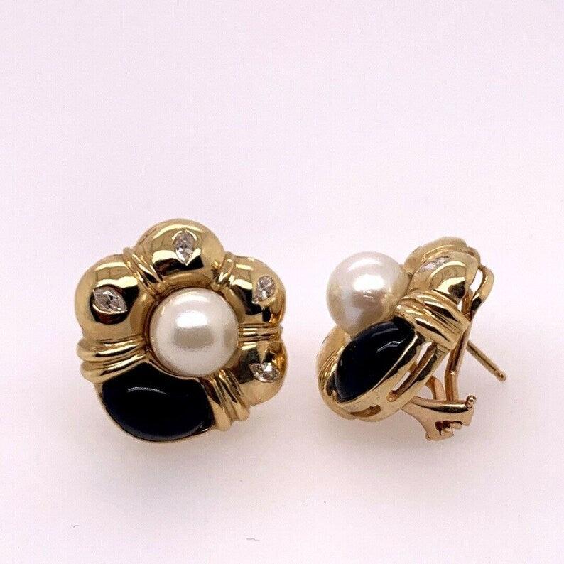 Retro Gold Natürliche Marquise Diamant, Onyx & Perle Clip-Ohrringe CIRCA 1980 im Angebot 1