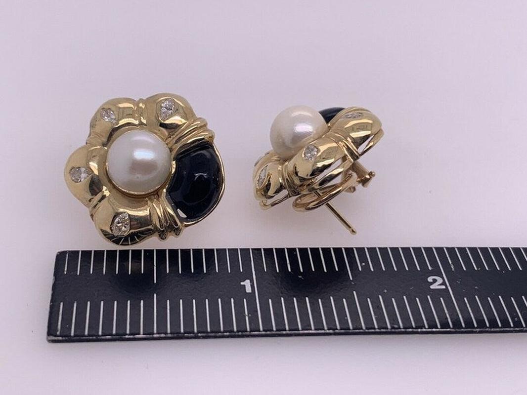 Retro Gold Natürliche Marquise Diamant, Onyx & Perle Clip-Ohrringe CIRCA 1980 im Angebot 2