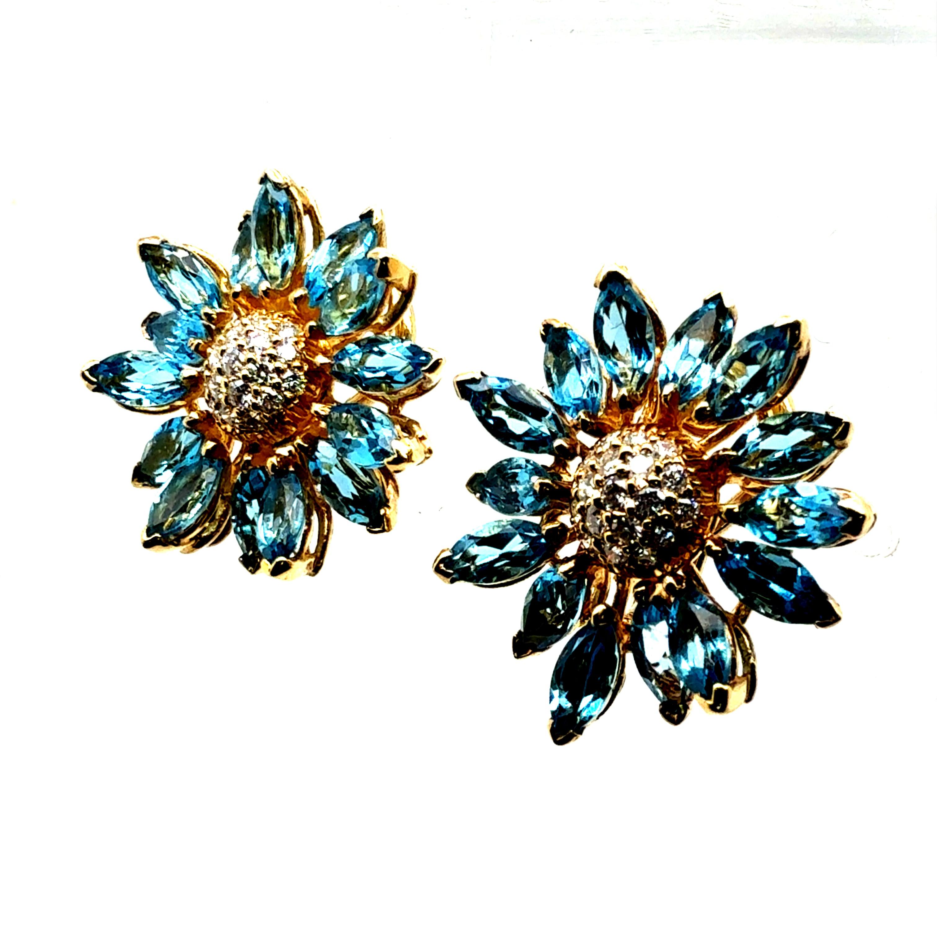 Retro Gold Natural Marquise London Blue Topaz Diamond Floral Earrings Circa 1970 For Sale 5