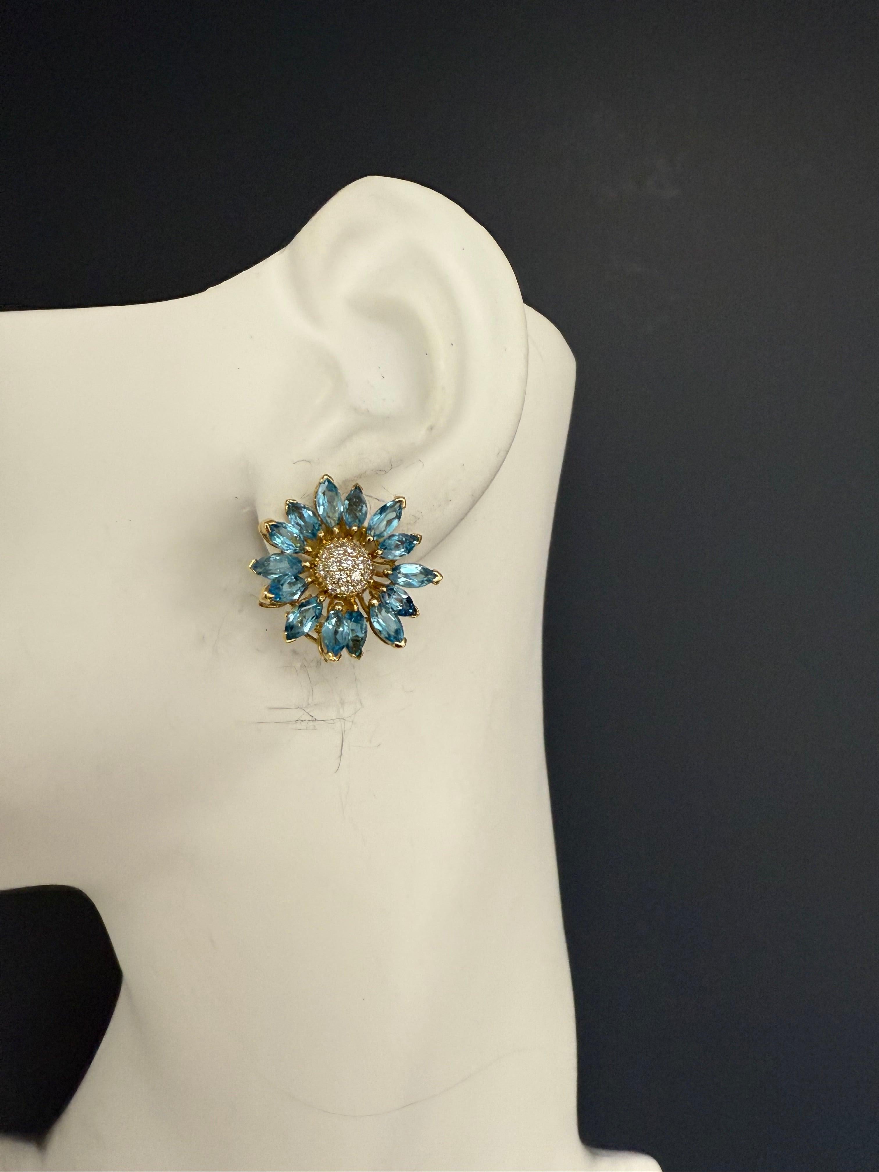 Retro 18K yellow gold earrings set with 28 marquise-shaped London blue topaz (approx. 6 x 3 mm each) and 38 natural round brilliant diamonds. Each earring measures 22 mm in diameter and is stamped 18K. Total weight: 11.9 grams.
 
Three Disclaimers /