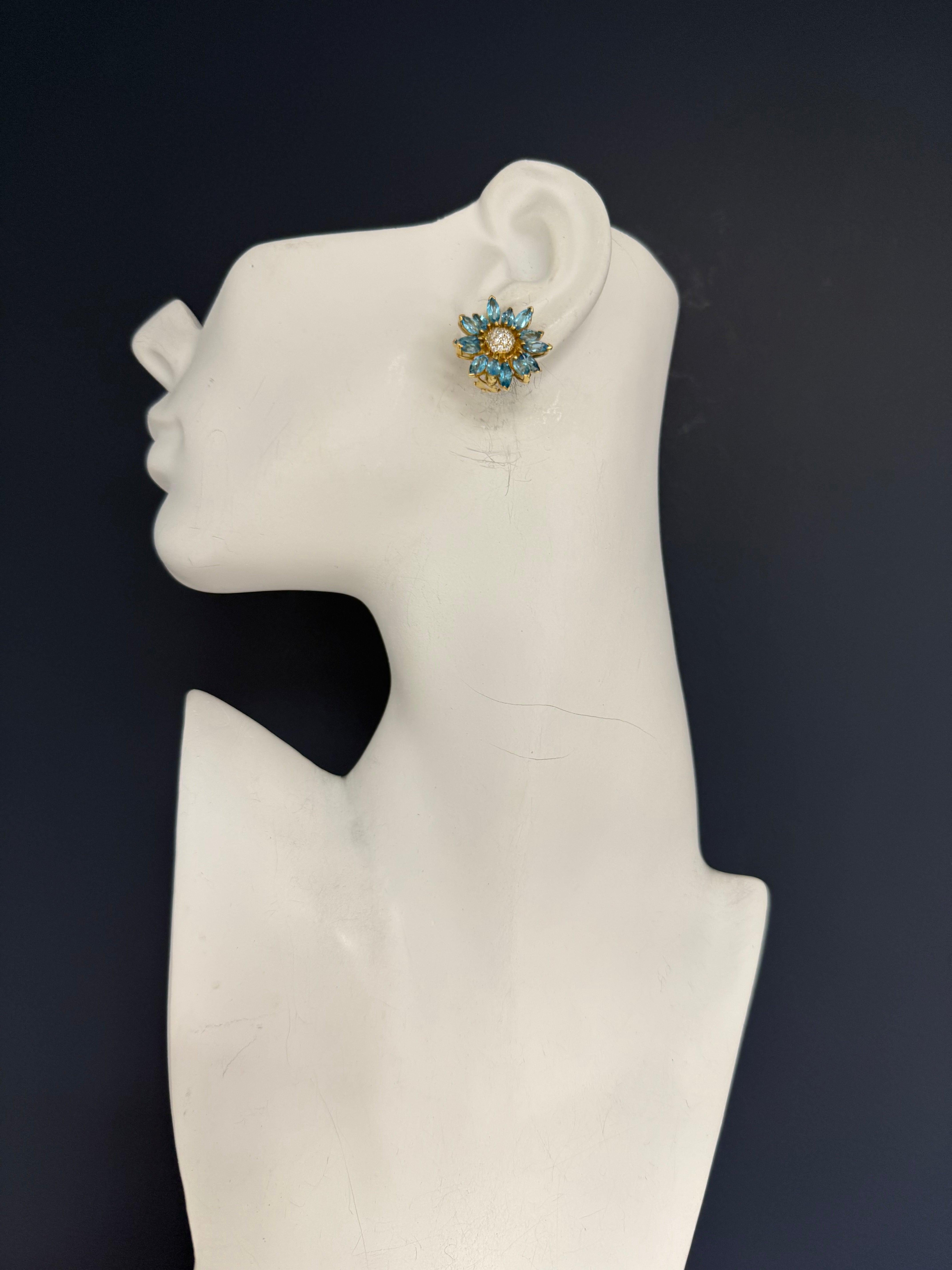 Marquise Cut Retro Gold Natural Marquise London Blue Topaz Diamond Floral Earrings Circa 1970 For Sale