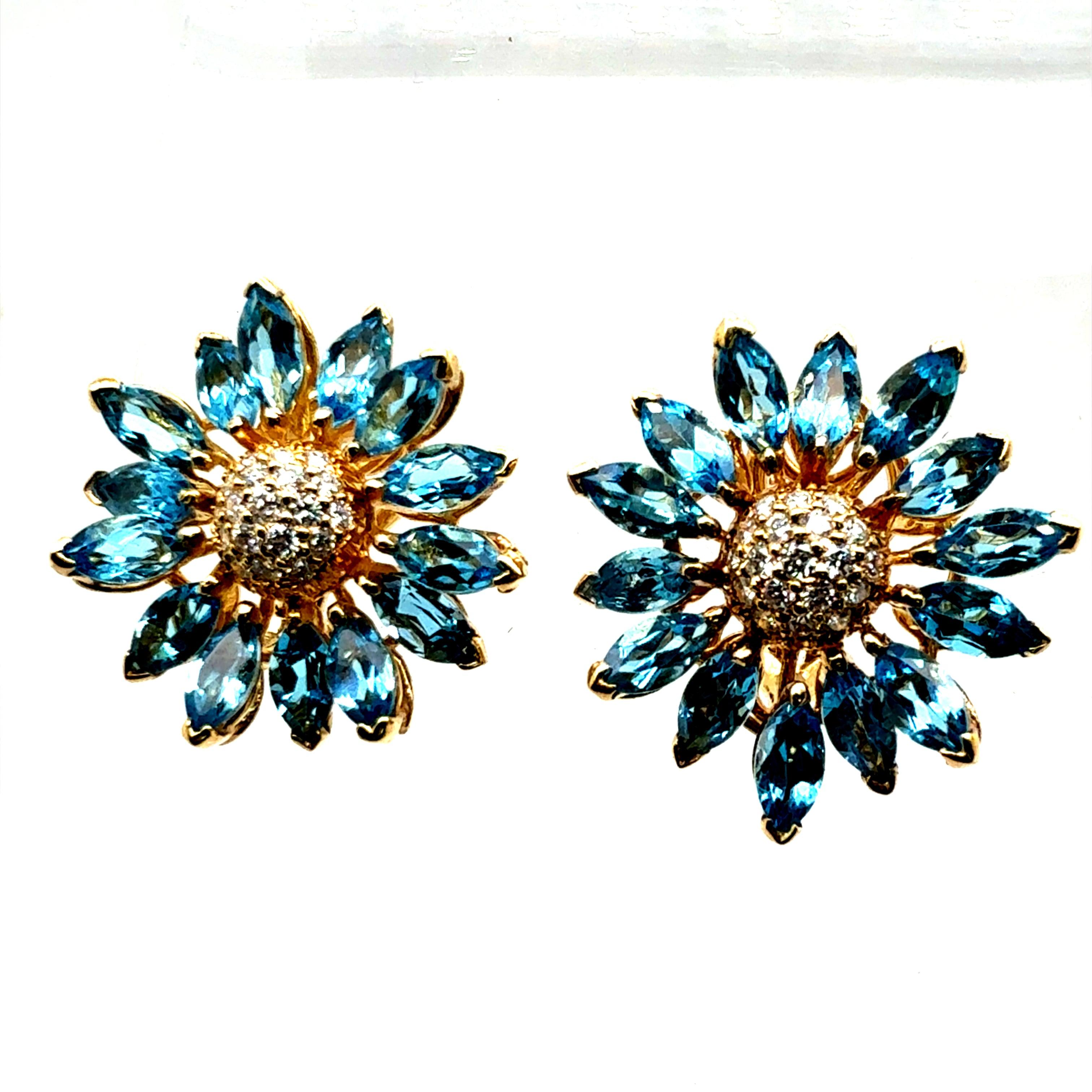 Retro Gold Natural Marquise London Blue Topaz Diamond Floral Earrings Circa 1970 In Good Condition For Sale In Los Angeles, CA