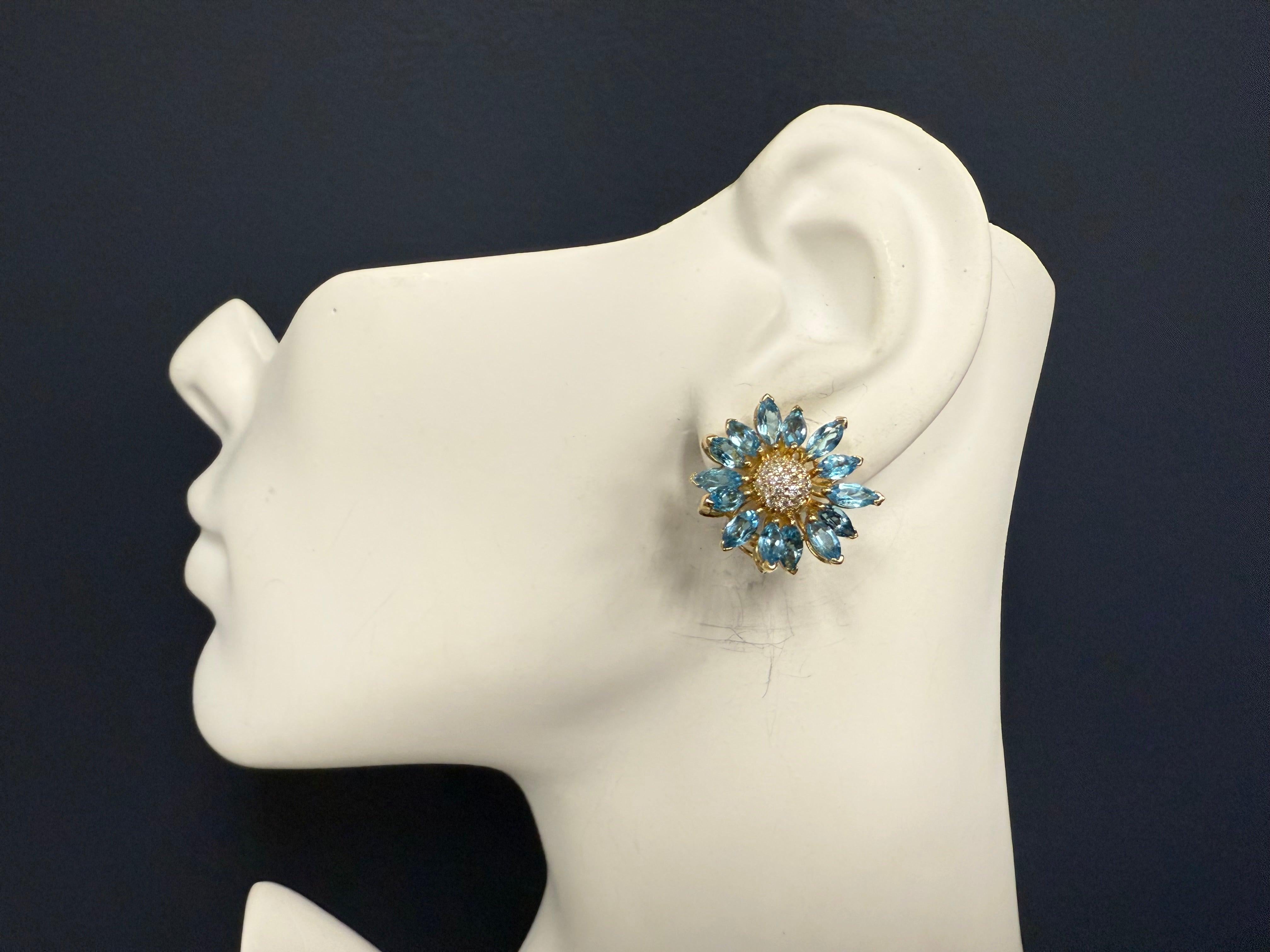 Women's Retro Gold Natural Marquise London Blue Topaz Diamond Floral Earrings Circa 1970 For Sale