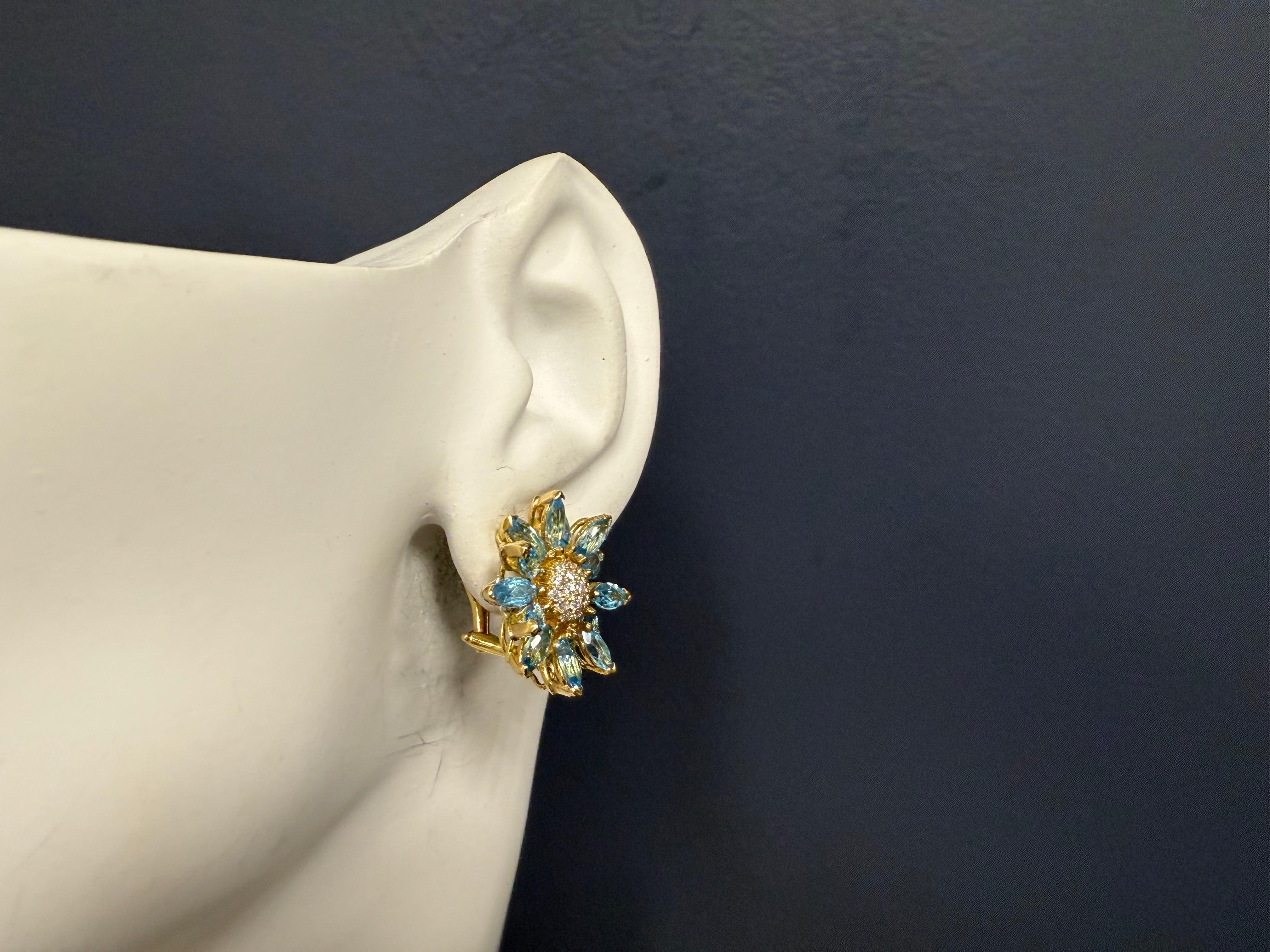 Retro Gold Natural Marquise London Blue Topaz Diamond Floral Earrings Circa 1970 For Sale 1