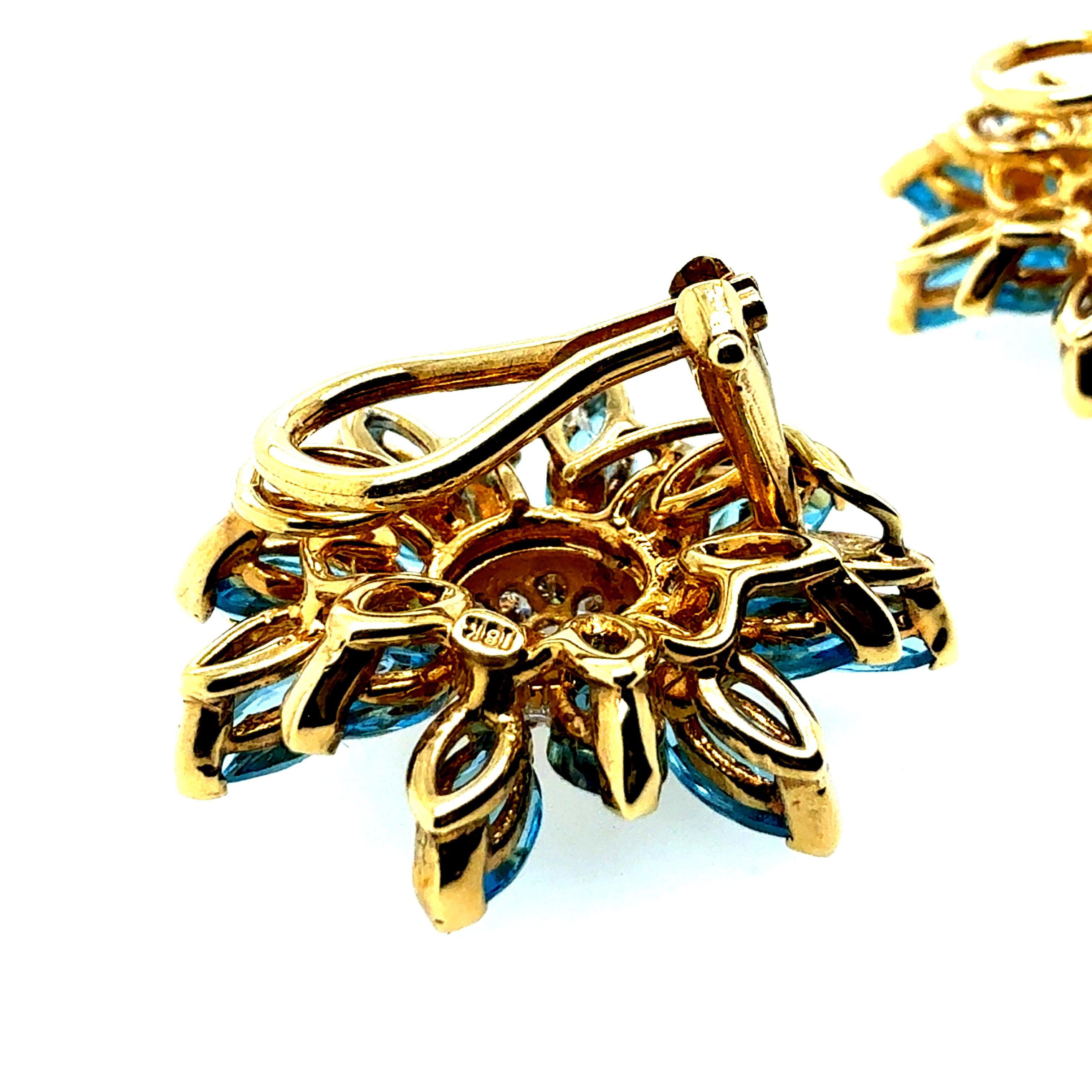 Retro Gold Natural Marquise London Blue Topaz Diamond Floral Earrings Circa 1970 For Sale 2