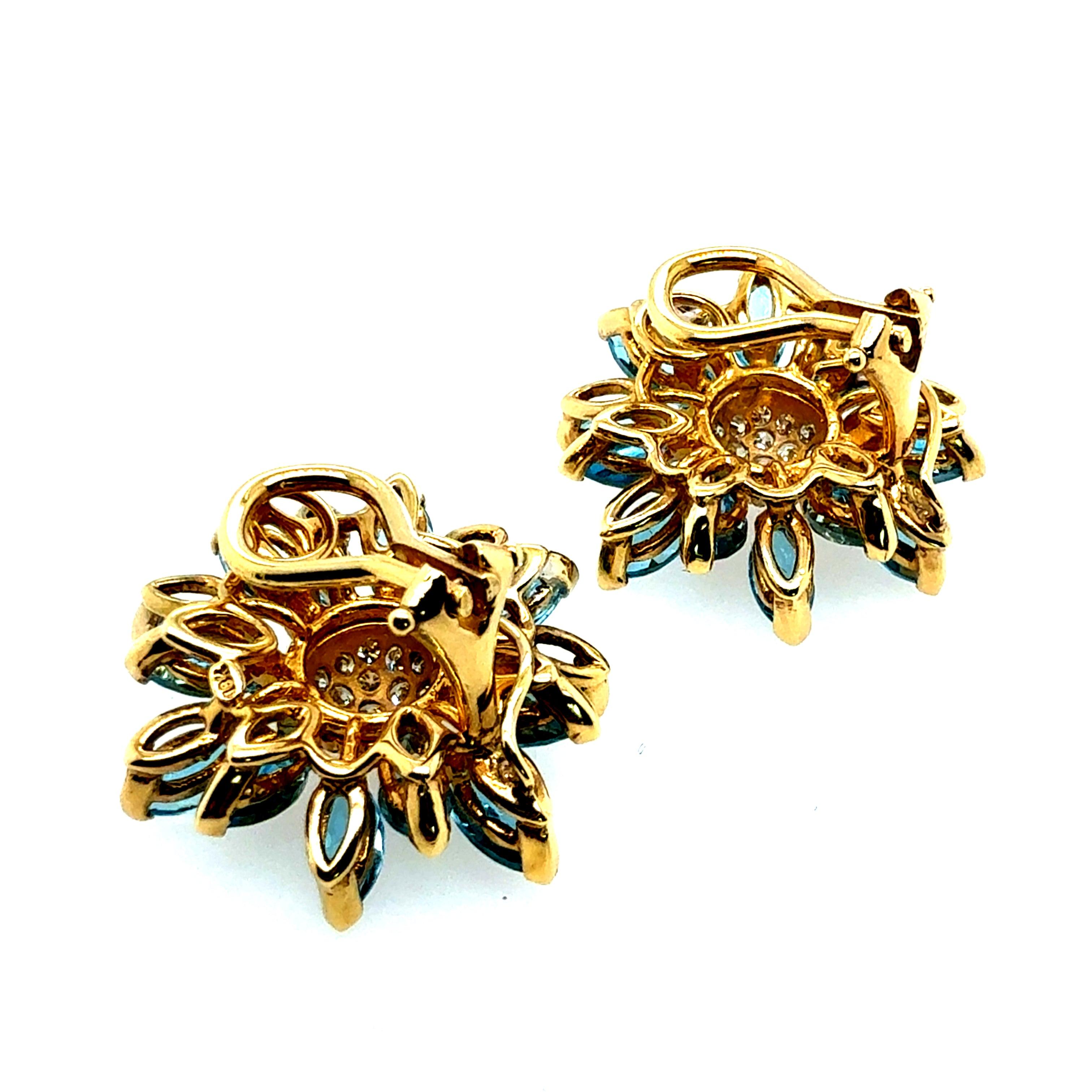 Retro Gold Natural Marquise London Blue Topaz Diamond Floral Earrings Circa 1970 For Sale 3