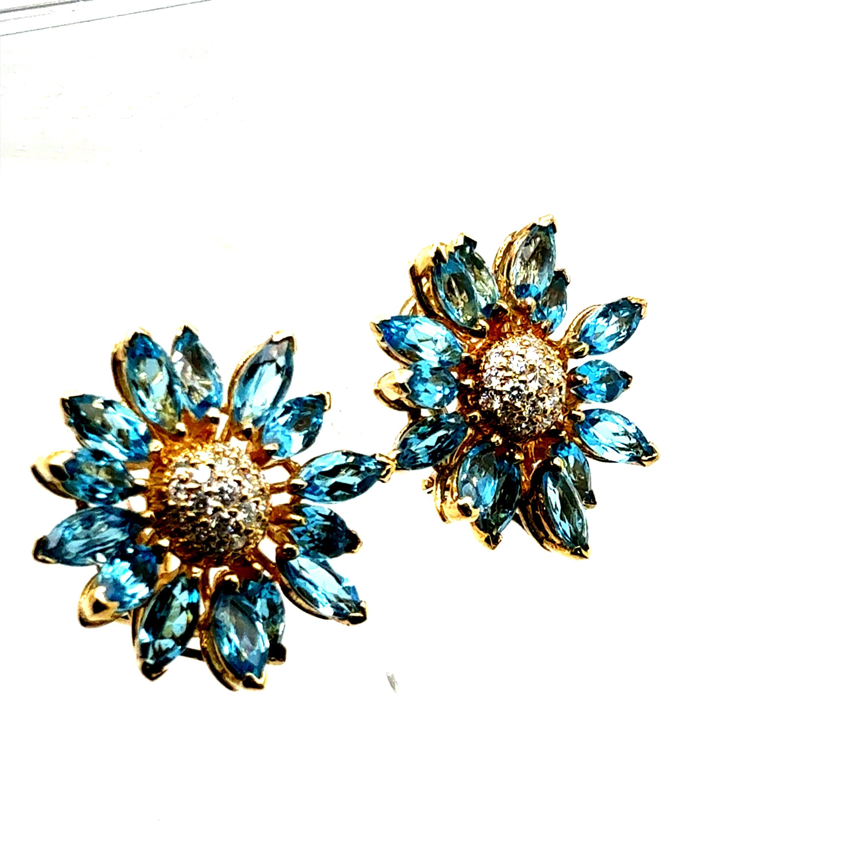Retro Gold Natural Marquise London Blue Topaz Diamond Floral Earrings Circa 1970 For Sale 4