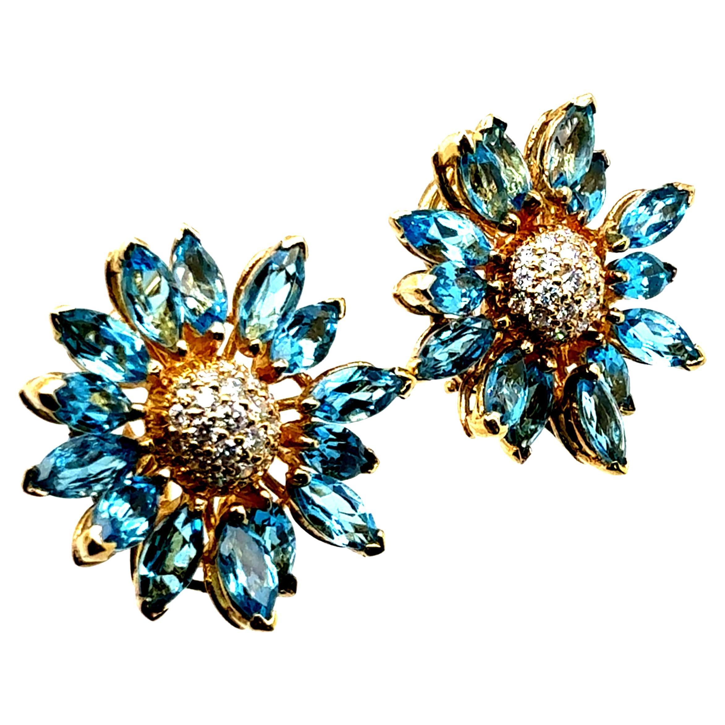 Retro Gold Natural Marquise London Blue Topaz Diamond Floral Earrings Circa 1970 For Sale