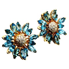 Retro Gold Natural Marquise London Blue Topaz Diamond Floral Earrings Circa 1970