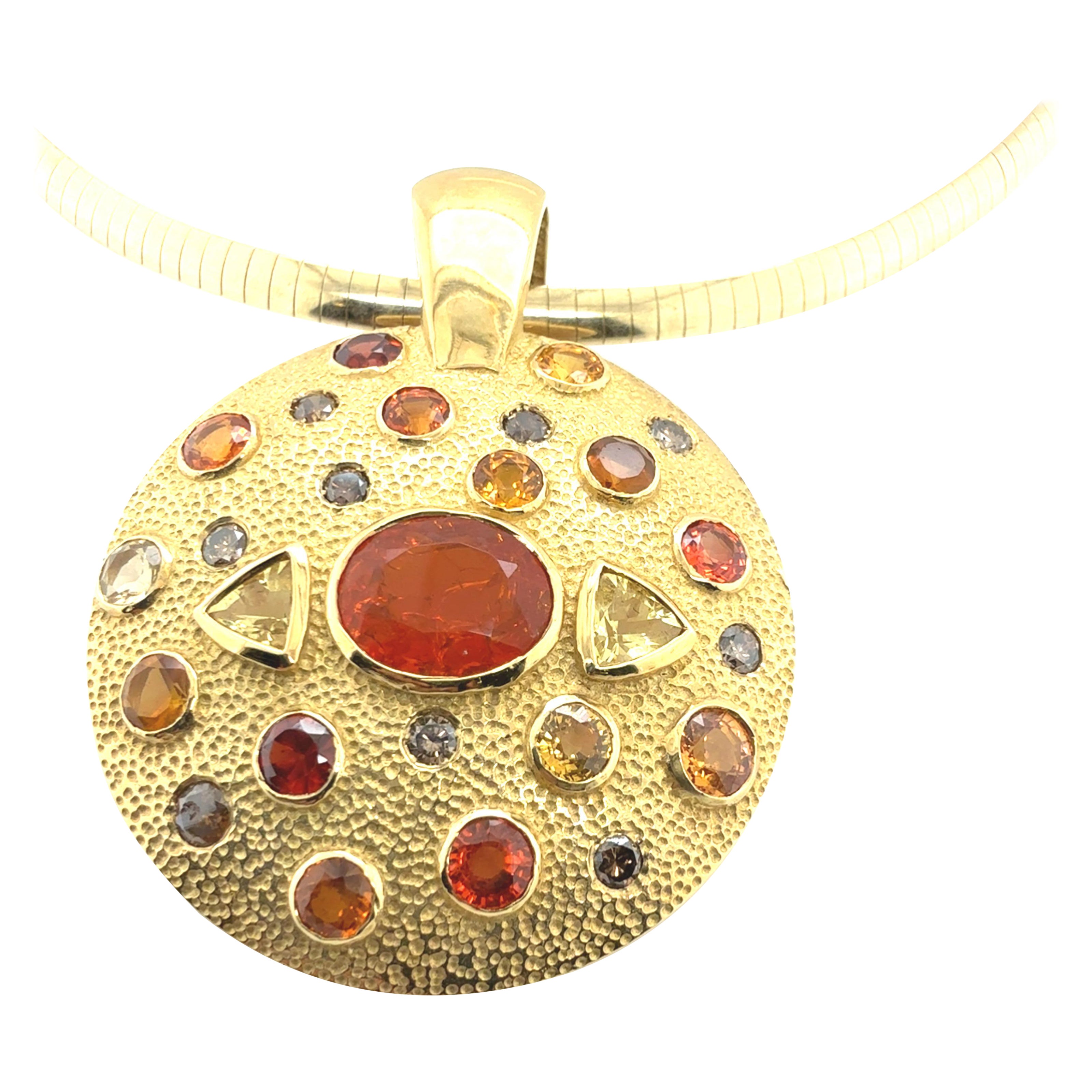 Retro Gold Natural Mexican Opal & Multicolor Gemstone Medallion Pendant For Sale