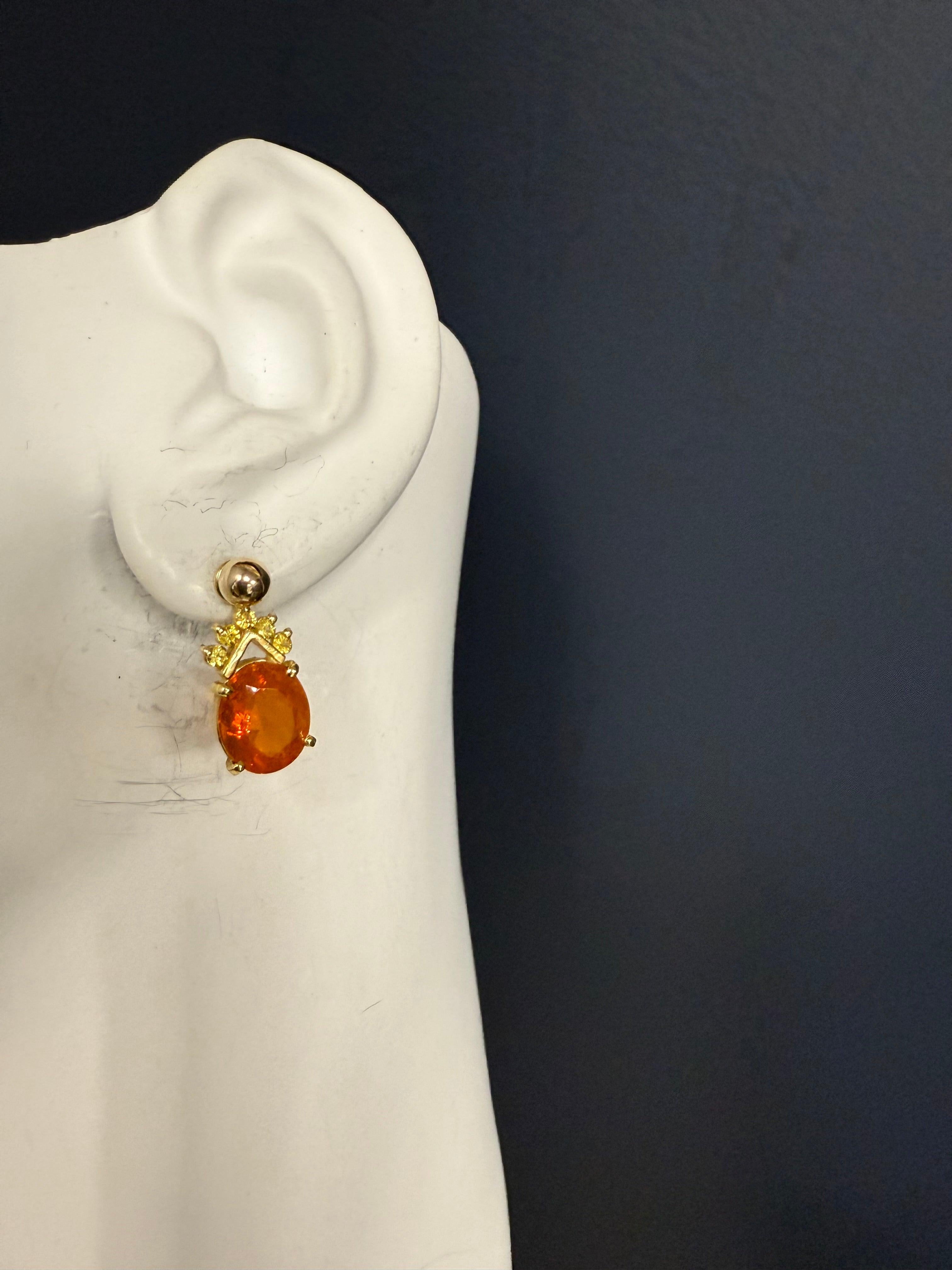 Oval Cut Retro Gold Natural Oval Orange Mexican Opal Statement Drop Earrings For Sale