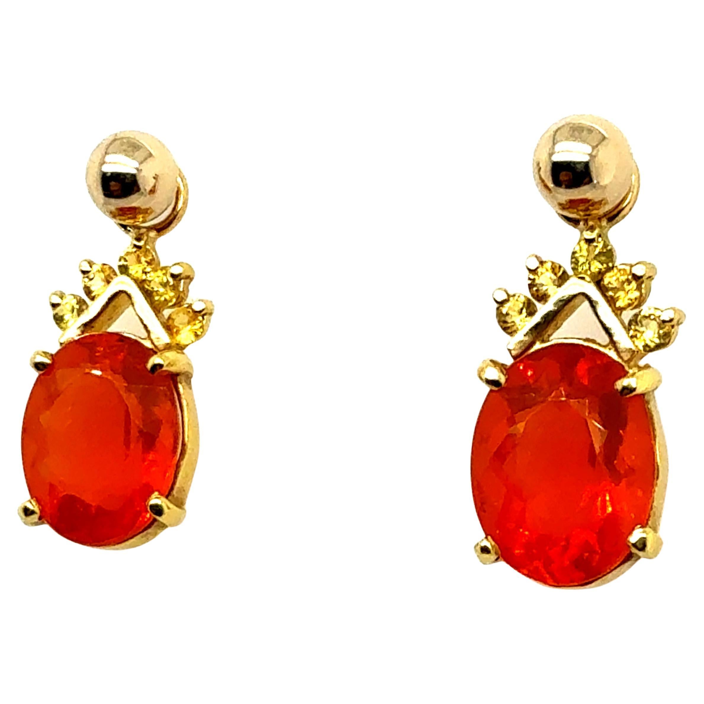 Retro Gold Natural Oval Orange Mexican Opal Statement Drop Earrings For Sale