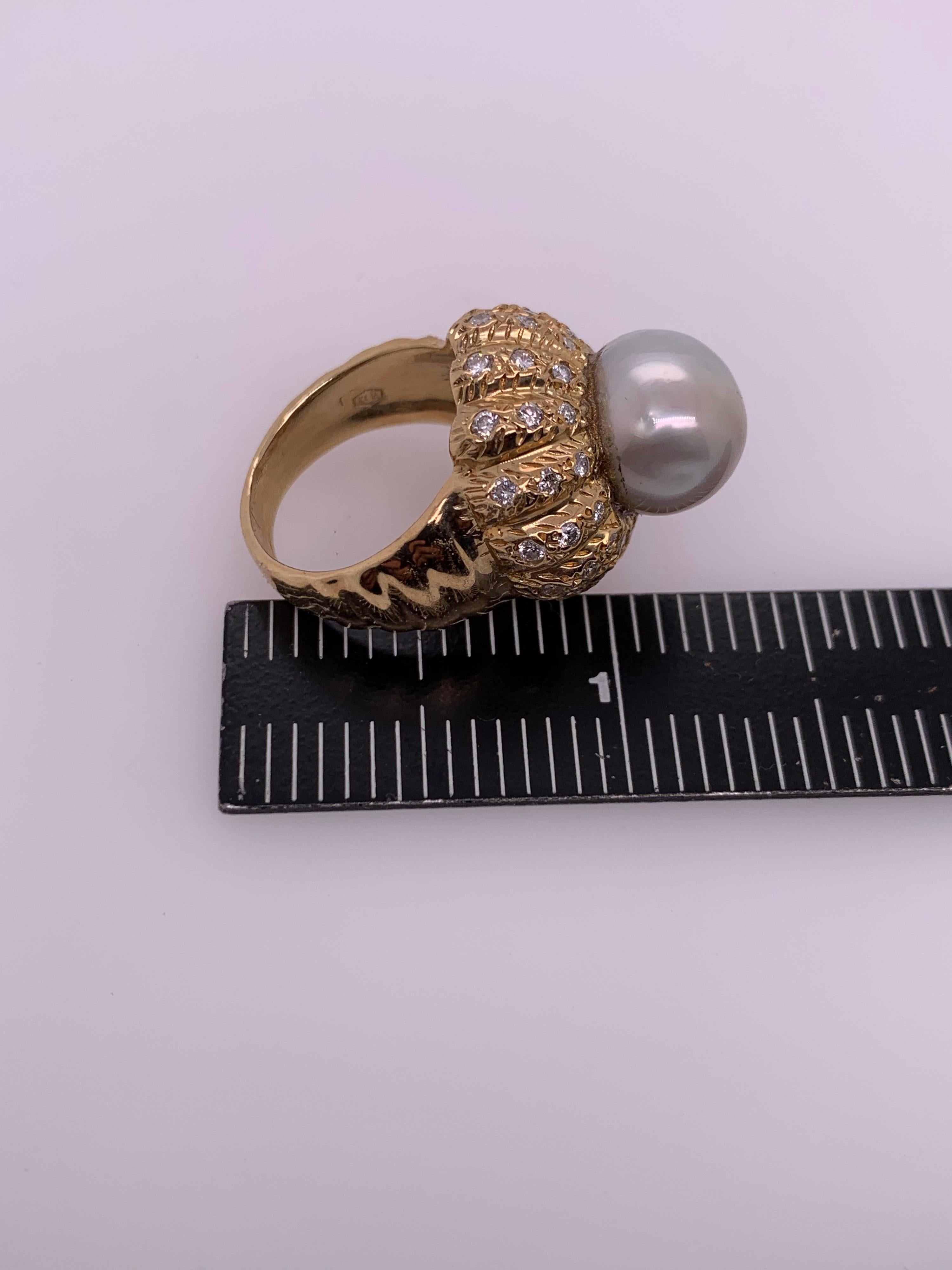 Retro Gold Natural Pearl and 0.81 Carat Colorless Diamond Cocktail Ring For Sale 6