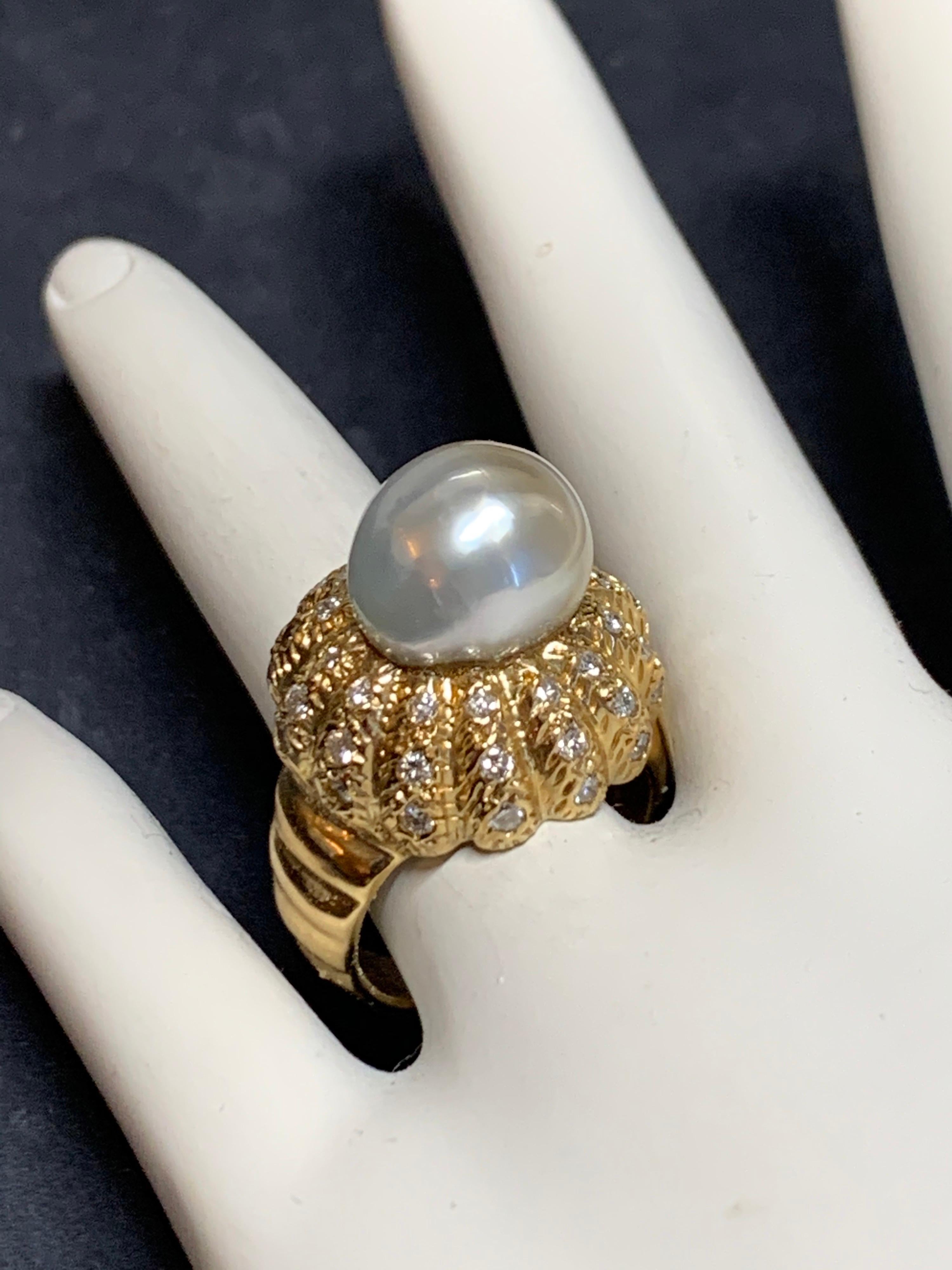Retro Gold Natural Pearl and 0.81 Carat Colorless Diamond Cocktail Ring In Good Condition For Sale In Los Angeles, CA