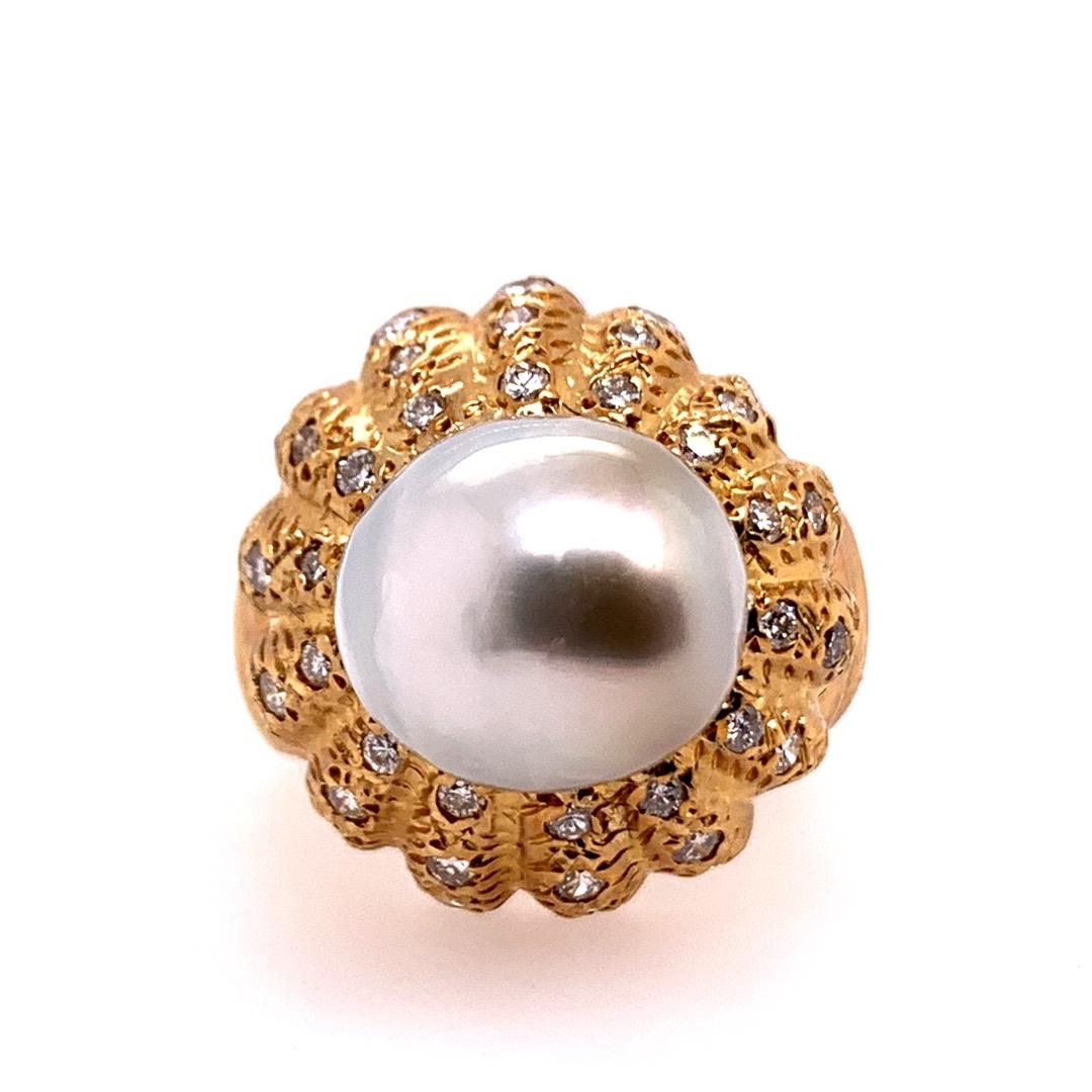Women's Retro Gold Natural Pearl and 0.81 Carat Colorless Diamond Cocktail Ring For Sale