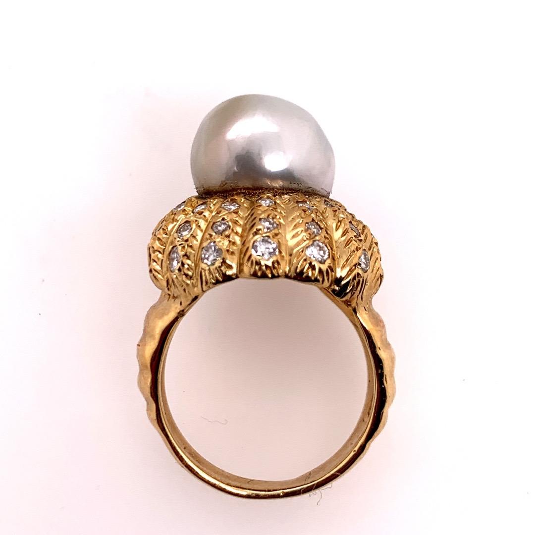 Retro Gold Natural Pearl and 0.81 Carat Colorless Diamond Cocktail Ring For Sale 1