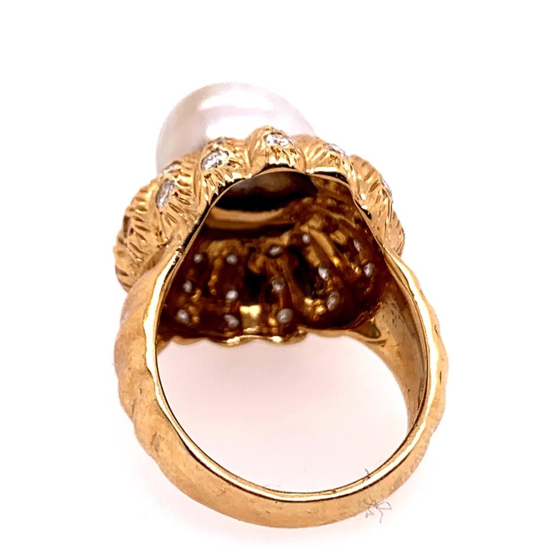 Retro Gold Natural Pearl and 0.81 Carat Colorless Diamond Cocktail Ring For Sale 2