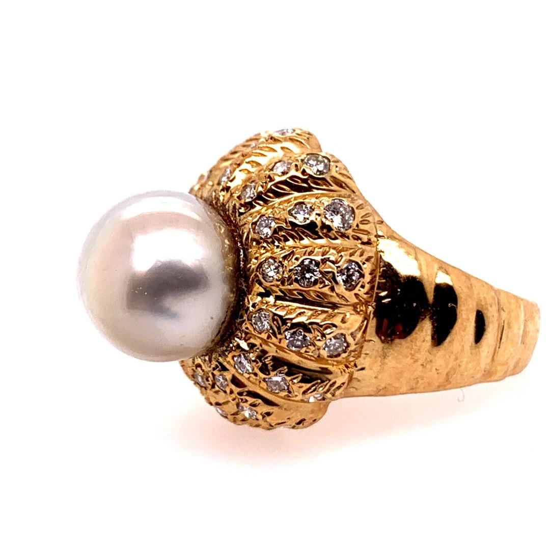 Retro Gold Natural Pearl and 0.81 Carat Colorless Diamond Cocktail Ring For Sale 3