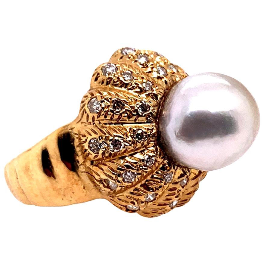 Retro Gold Natural Pearl and 0.81 Carat Colorless Diamond Cocktail Ring For Sale
