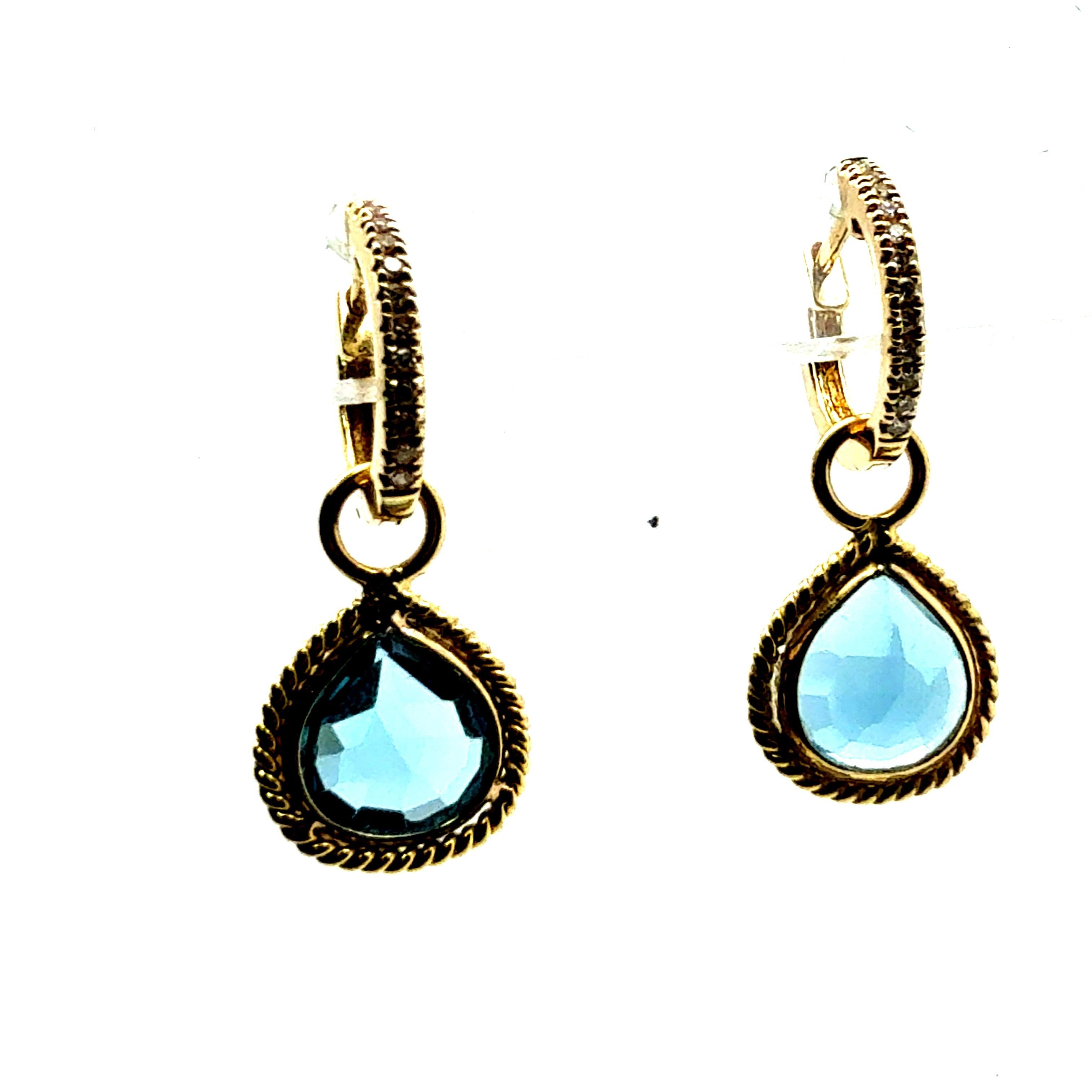 Stunning yellow gold drop enhancer earrings featuring pear-shaped rose-cut London blue topaz stones, each measuring approximately 7.5 mm in length by 7 mm wide and set in smooth bezels. The drops weigh approximately 1.5 grams. 
They are suspended