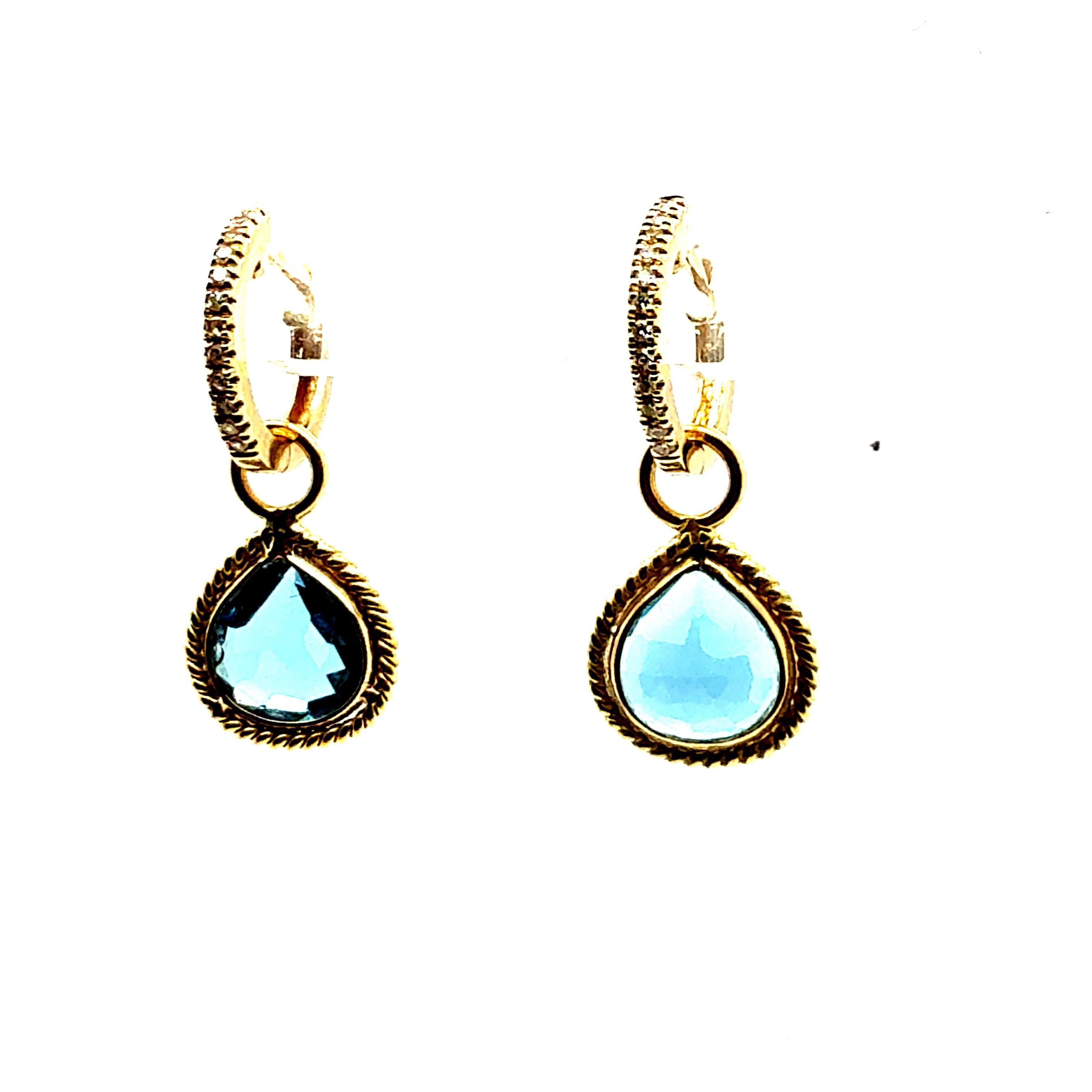 Retro Gold Natural Rose Cut London Blue Topaz & Diamond Drop Enhancer Earrings In Good Condition For Sale In Los Angeles, CA