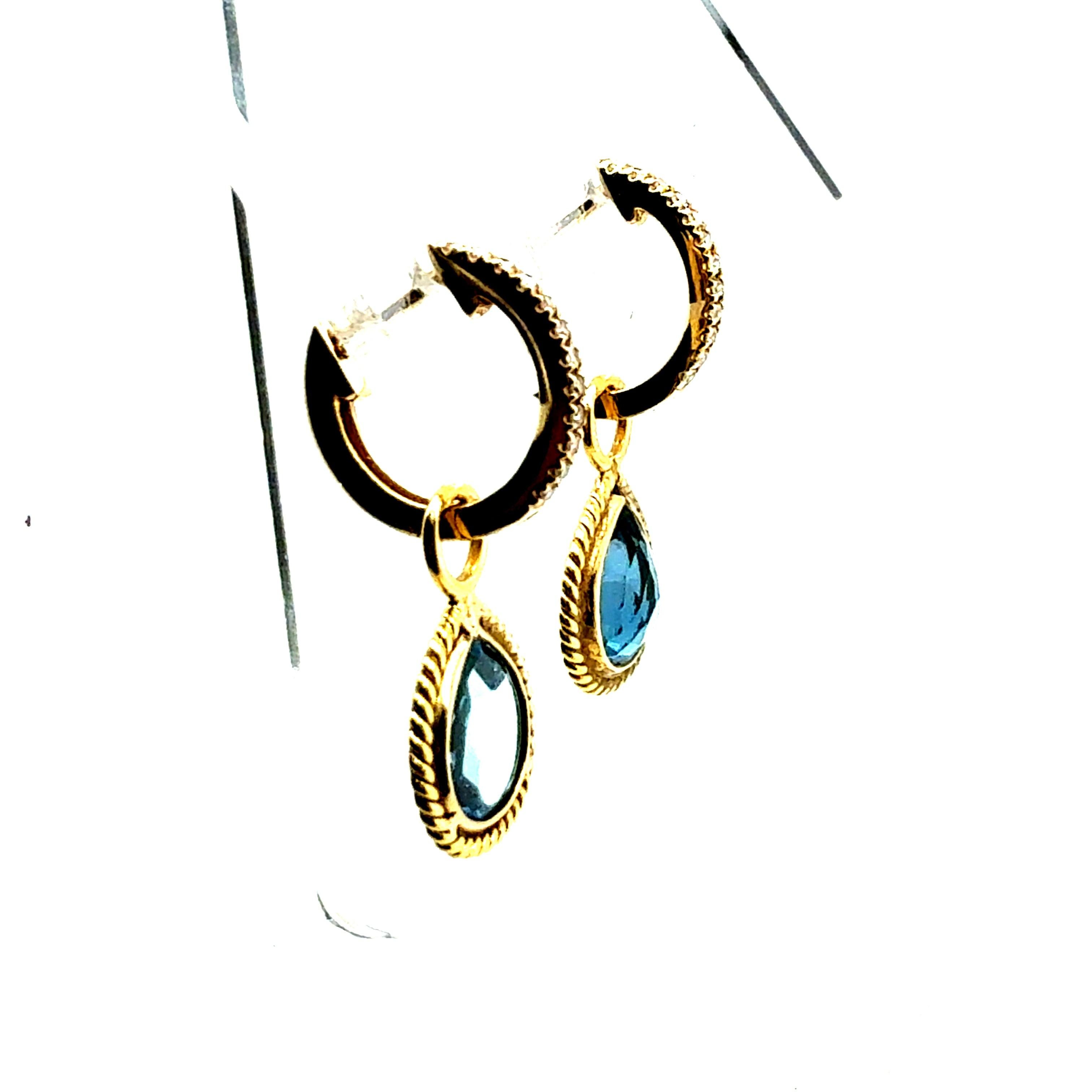 Women's Retro Gold Natural Rose Cut London Blue Topaz & Diamond Drop Enhancer Earrings For Sale