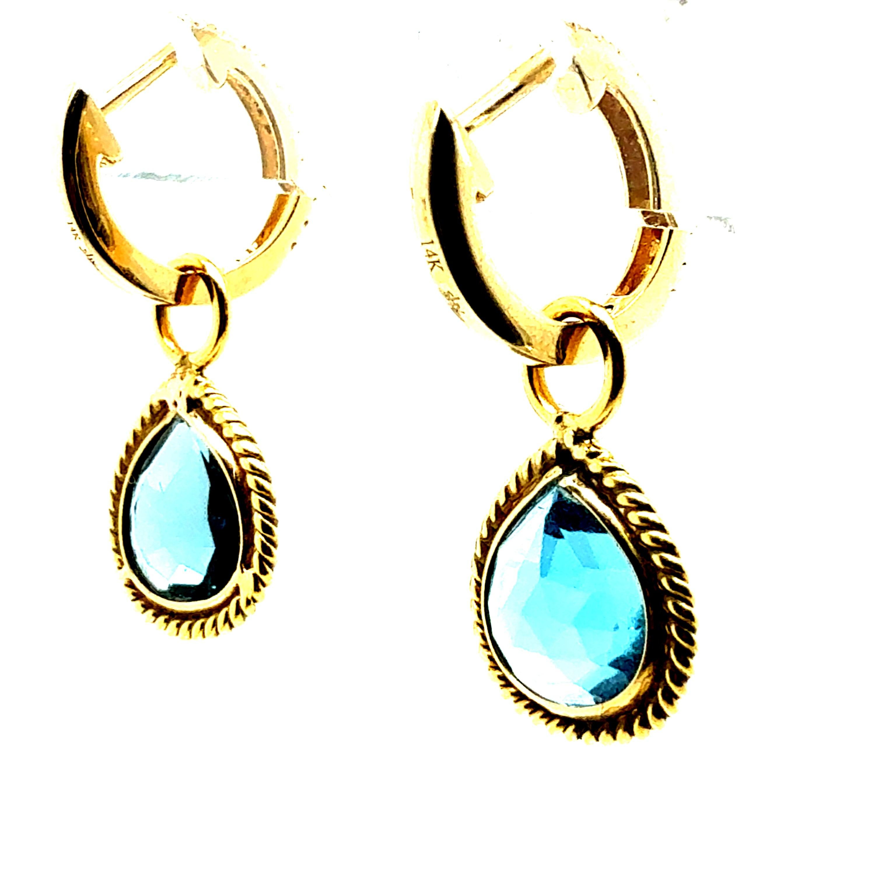 Retro Gold Natural Rose Cut London Blue Topaz & Diamond Drop Enhancer Earrings For Sale 1