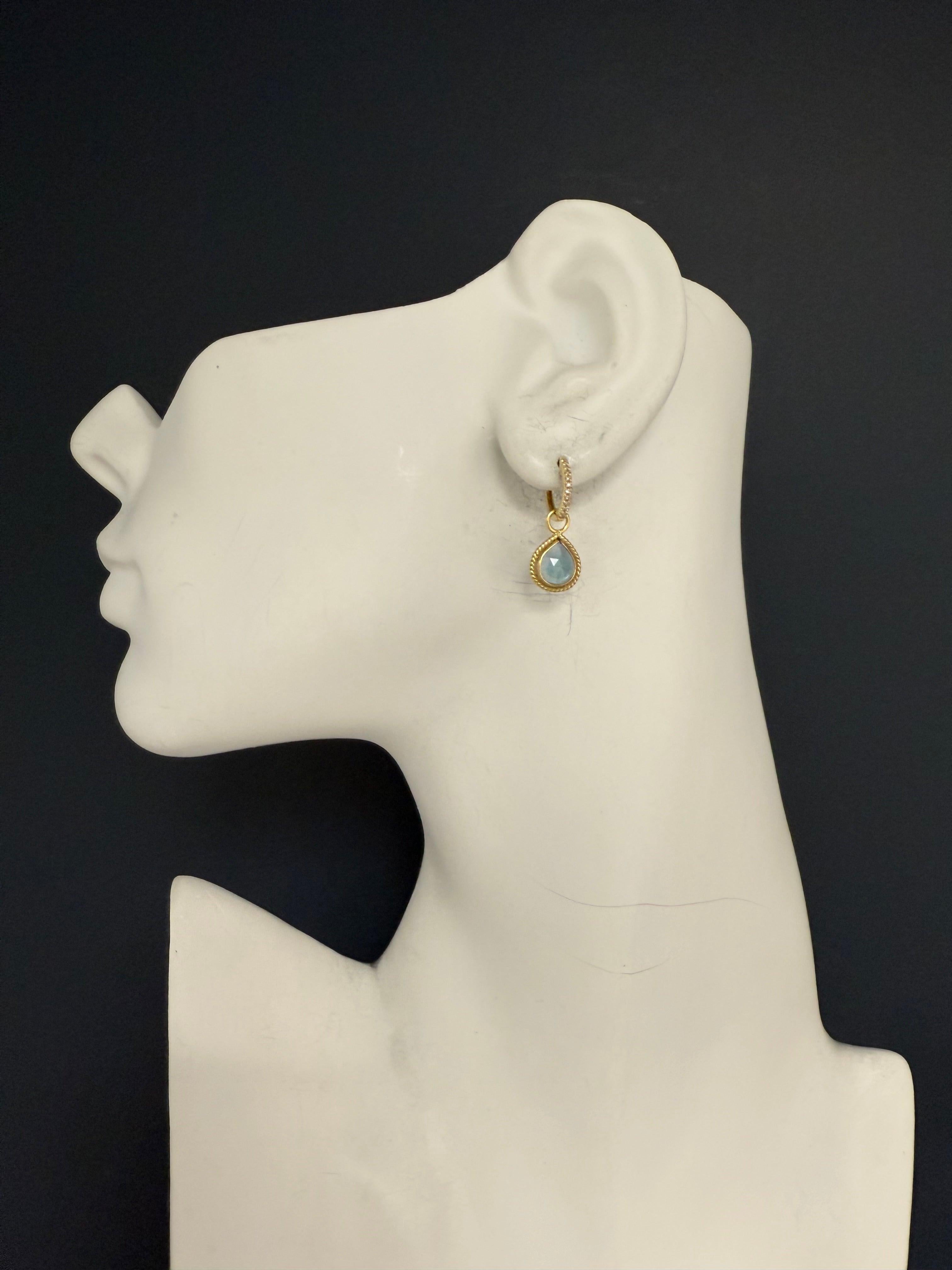 Retro Gold Natural Rose Cut London Blue Topaz & Diamond Drop Enhancer Earrings For Sale 3