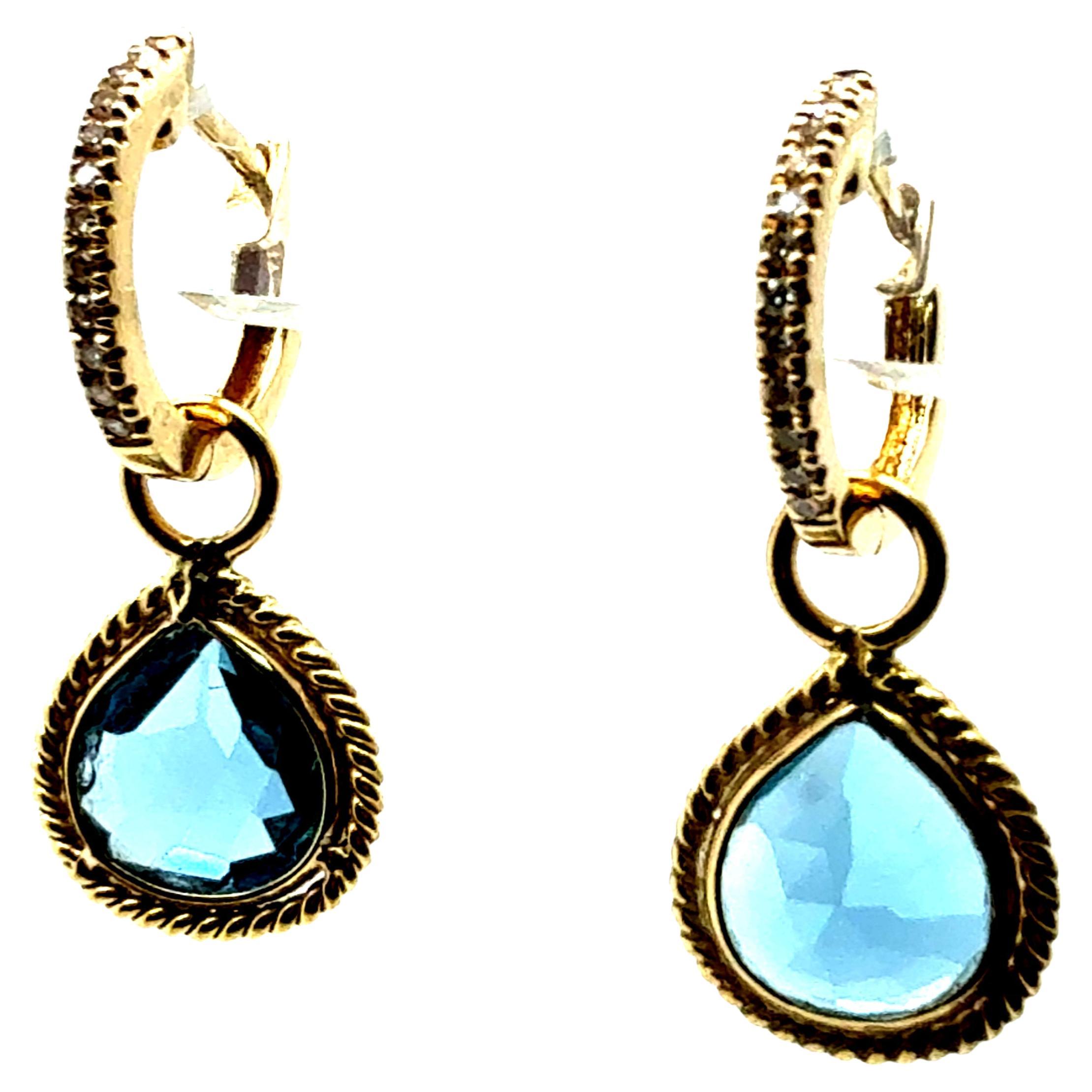 Retro Gold Natural Rose Cut London Blue Topaz & Diamond Drop Enhancer Earrings For Sale