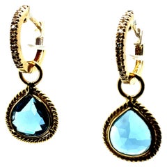 Retro Gold Natural Rose Cut London Blue Topaz & Diamond Drop Enhancer Earrings
