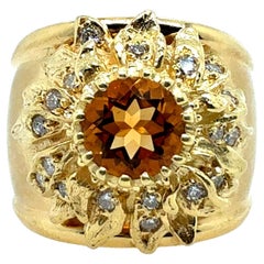 Anello Cocktail in oro retrò con diamante rotondo naturale e citrino