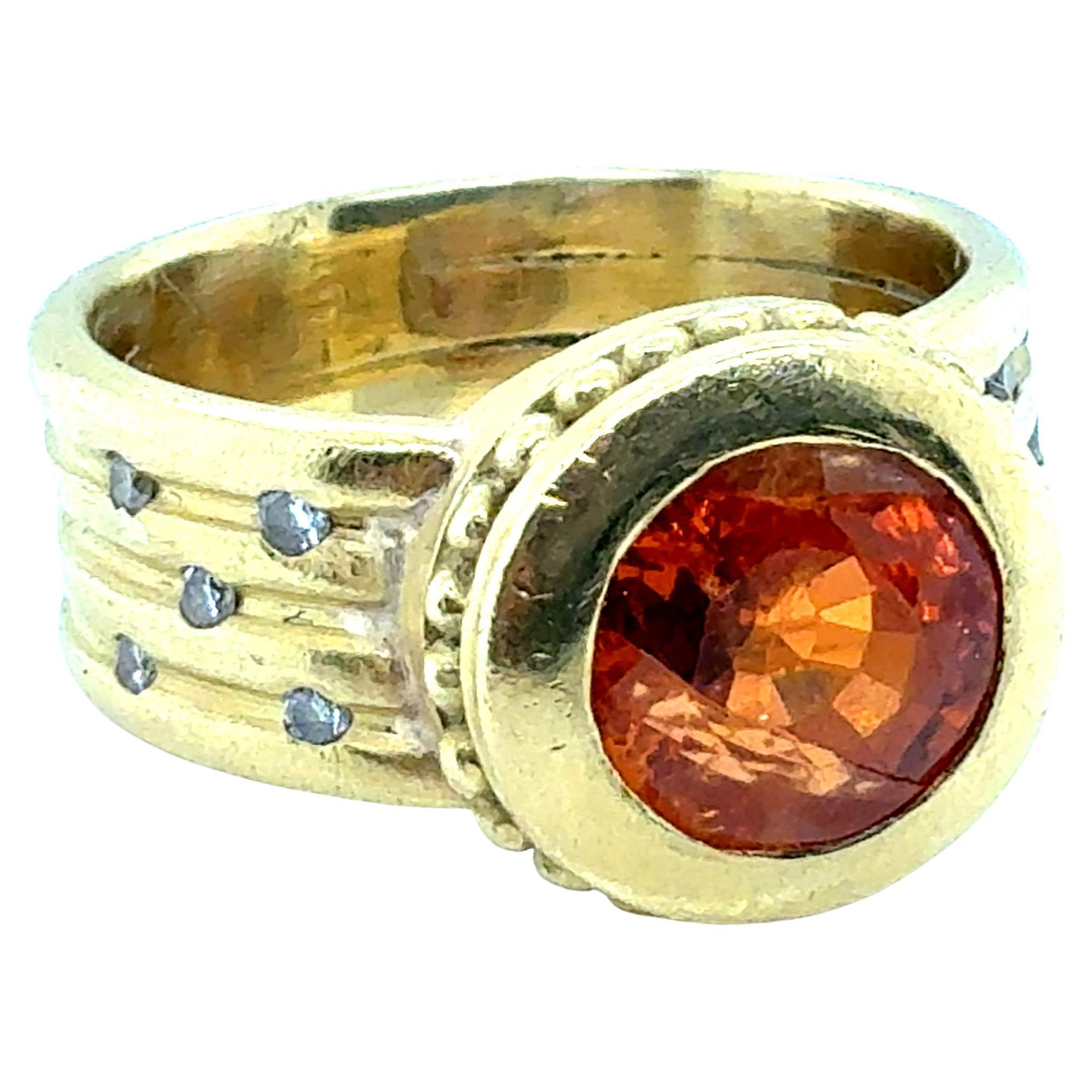 Retro Gold Natural Round Spessartite Garnet & Natural Diamond Statement Ring For Sale