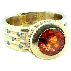 Retro Gold Natural Round Spessartite Garnet & Natural Diamond Statement Ring
